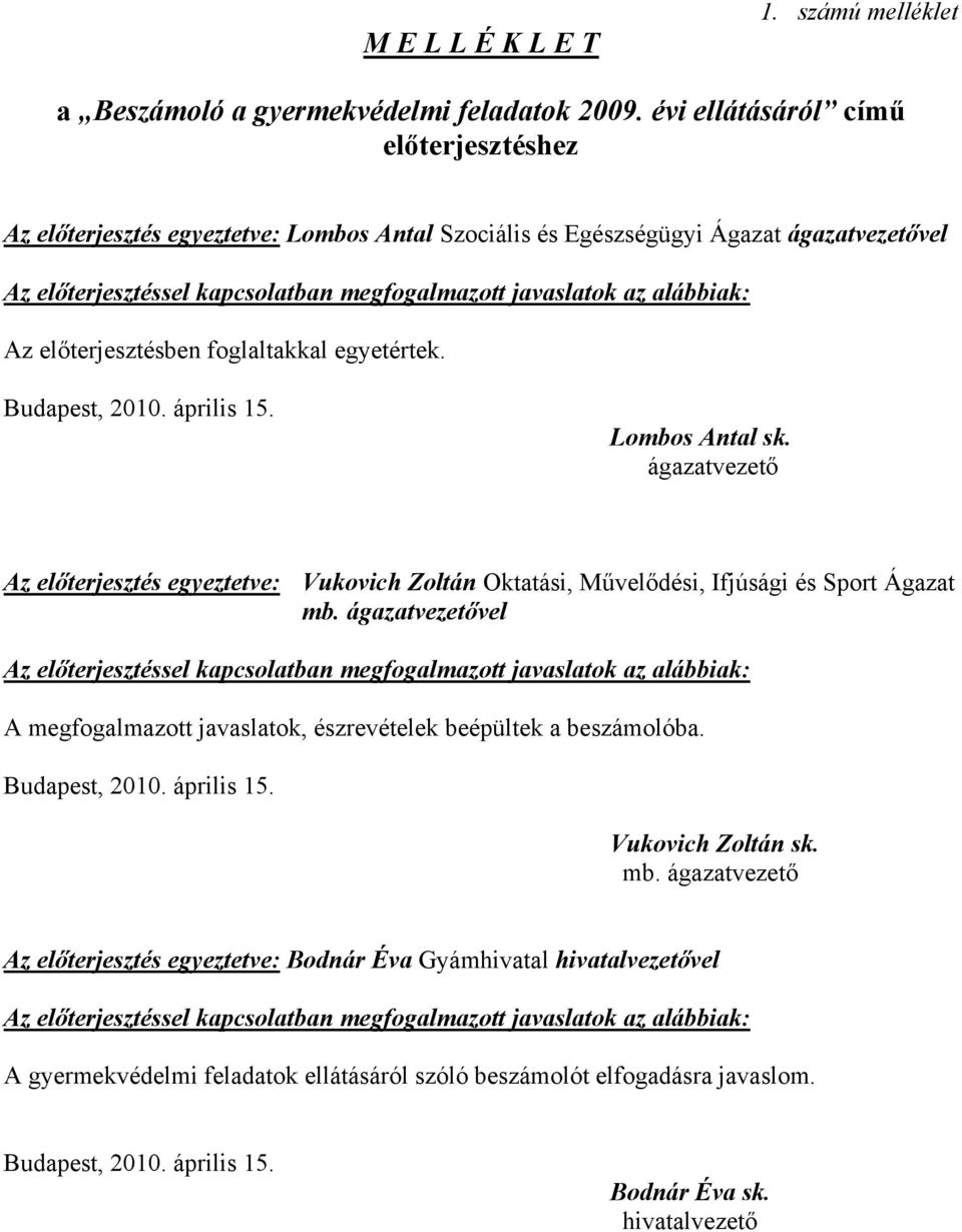 alábbiak: Az előterjesztésben foglaltakkal egyetértek. Budapest, 2010. április 15. Lombos Antal sk.