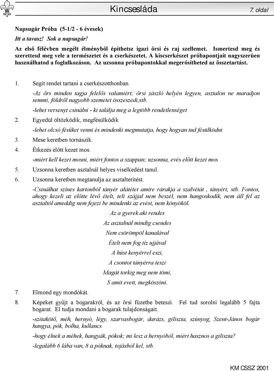 1. Segít rendet tartani a cserkészotthonban. -Az őrs minden tagja felelős valamiért; őrsi zászló helyén legyen, asztalon ne maradjon semmi, földről nagyobb szemetet összeszedi,stb.