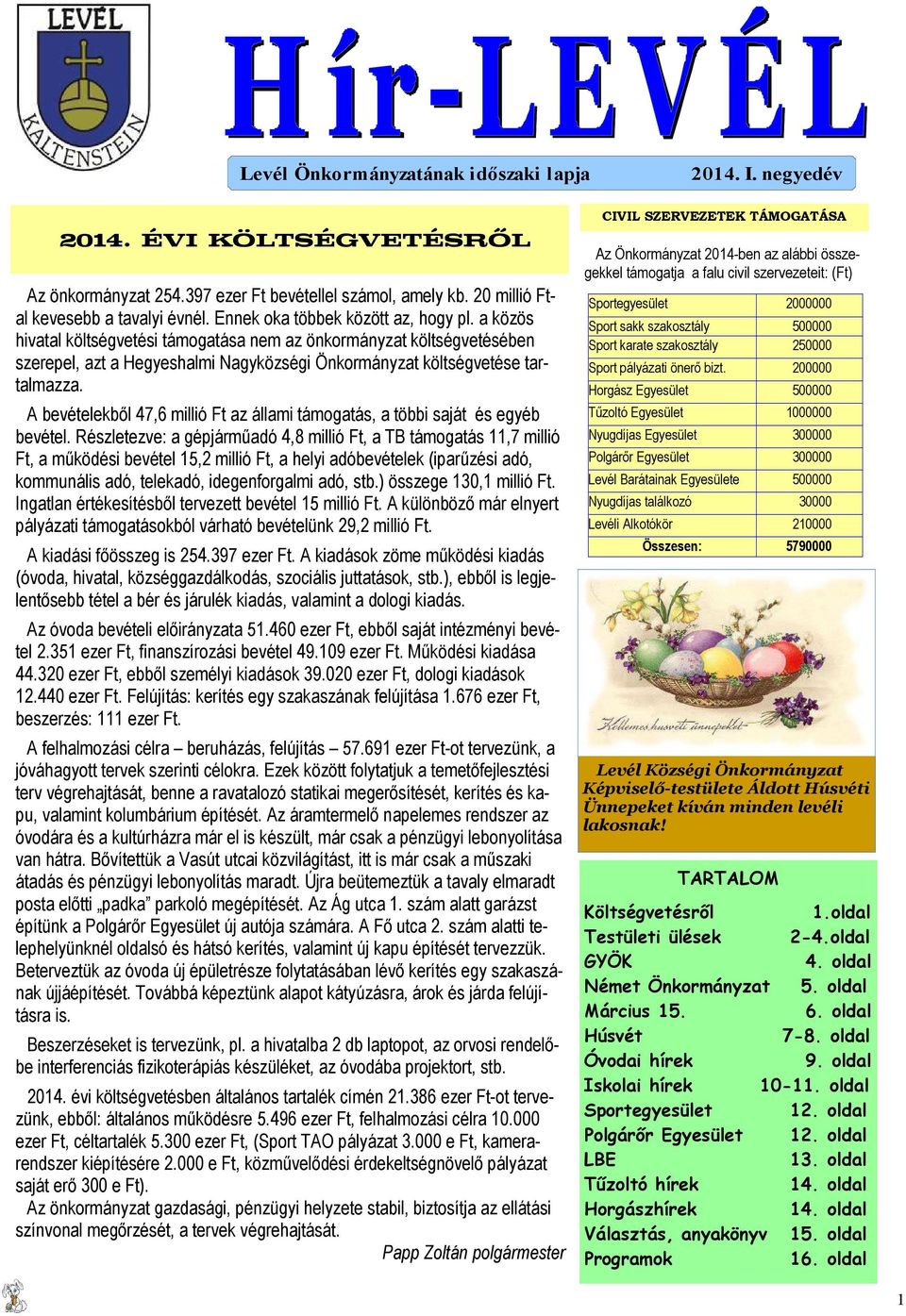 A bevételekbıl 47,6 millió Ft az állami támogatás, a többi saját és egyéb bevétel.