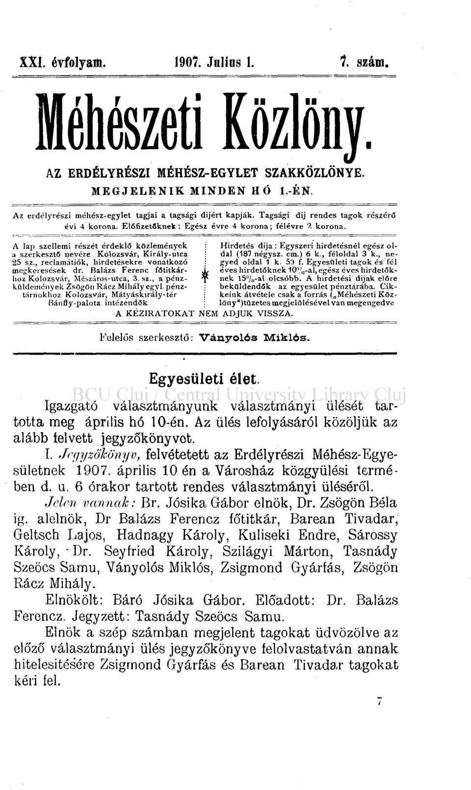 , reclamátiók, hirdetésekre vonatkozó megkeresések dr. Balázs Ferenc főtitkárhoz Kolozsvár, Mészáros-utca, 3.sx.