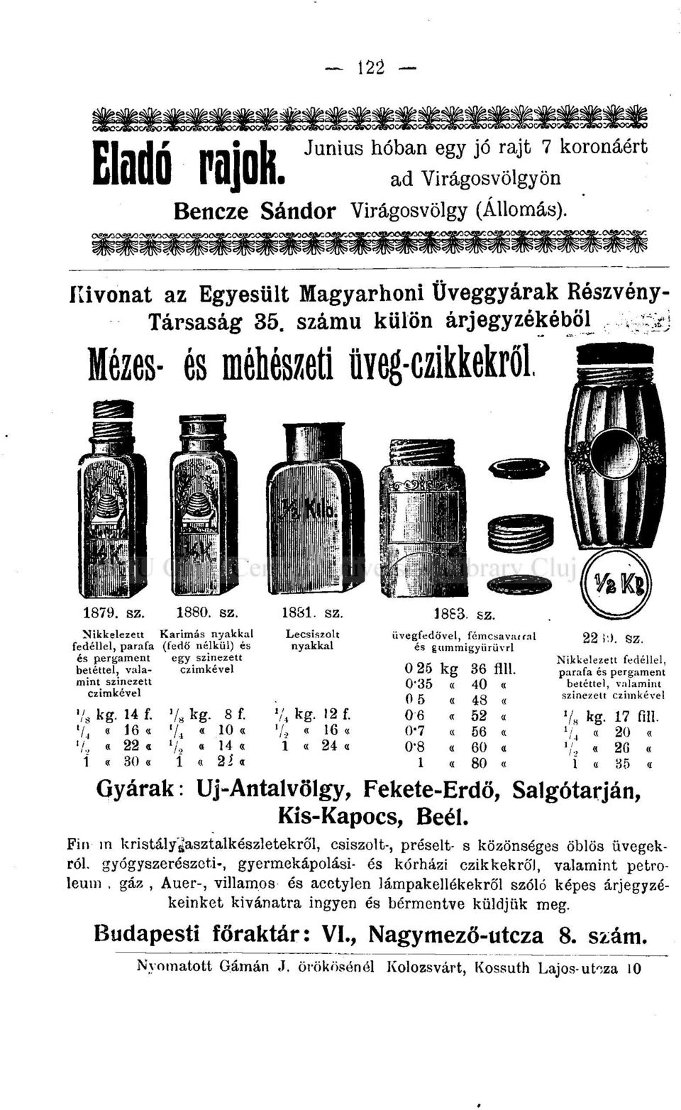 1880. sz. Nikkelezett Karimás nyakkal fedéllel, parafa (fedő nélkül) és és pergament egy színezett betéttel, vala- czimkével mint színezett czimkével \' s kg. 14 f. '/ kg. 8 f.