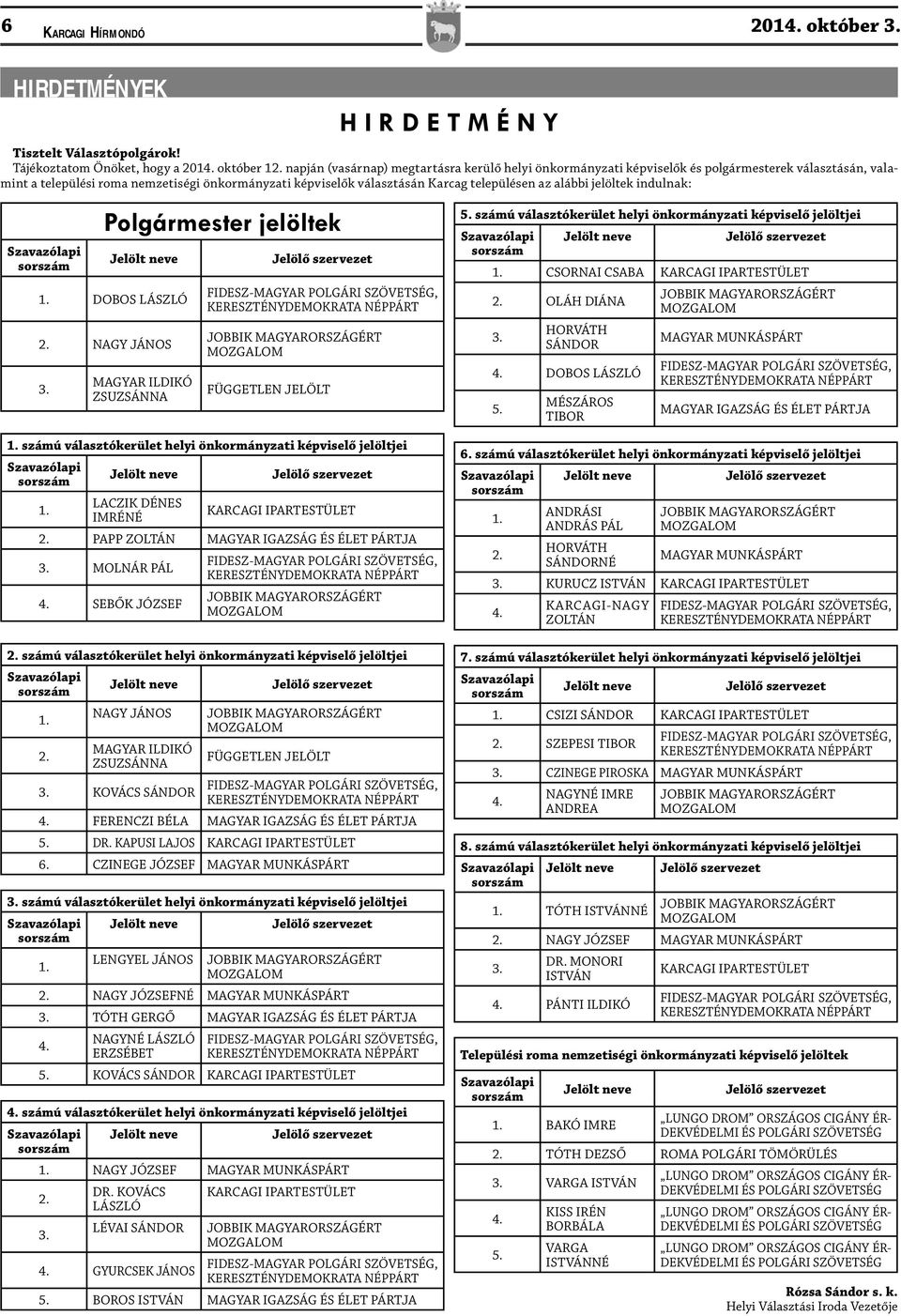 alábbi jelöltek indulnak: Polgármester jelöltek 1. DOBOS LÁSZLÓ 2. NAGY JÁNOS 3. MAGYAR ILDIKÓ ZSUZSÁNNA FÜGGETLEN JELÖLT 1. számú választókerület helyi önkormányzati képviselő jelöltjei 1.