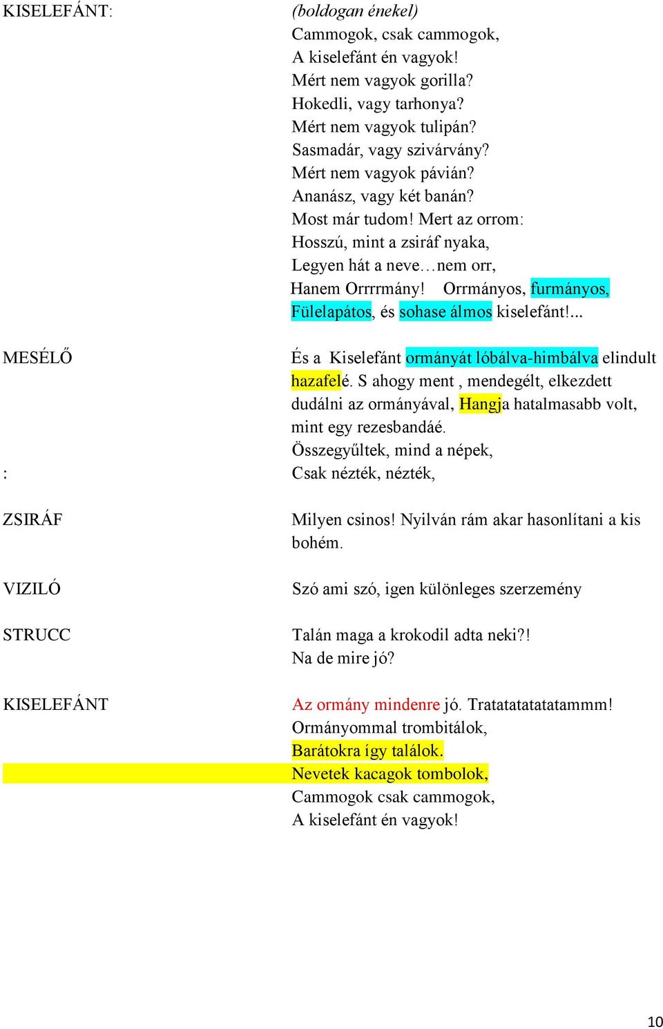 ... MESÉLŐ És a Kiselefánt ormányát lóbálva-himbálva elindult hazafelé. S ahogy ment, mendegélt, elkezdett dudálni az ormányával, Hangja hatalmasabb volt, mint egy rezesbandáé.