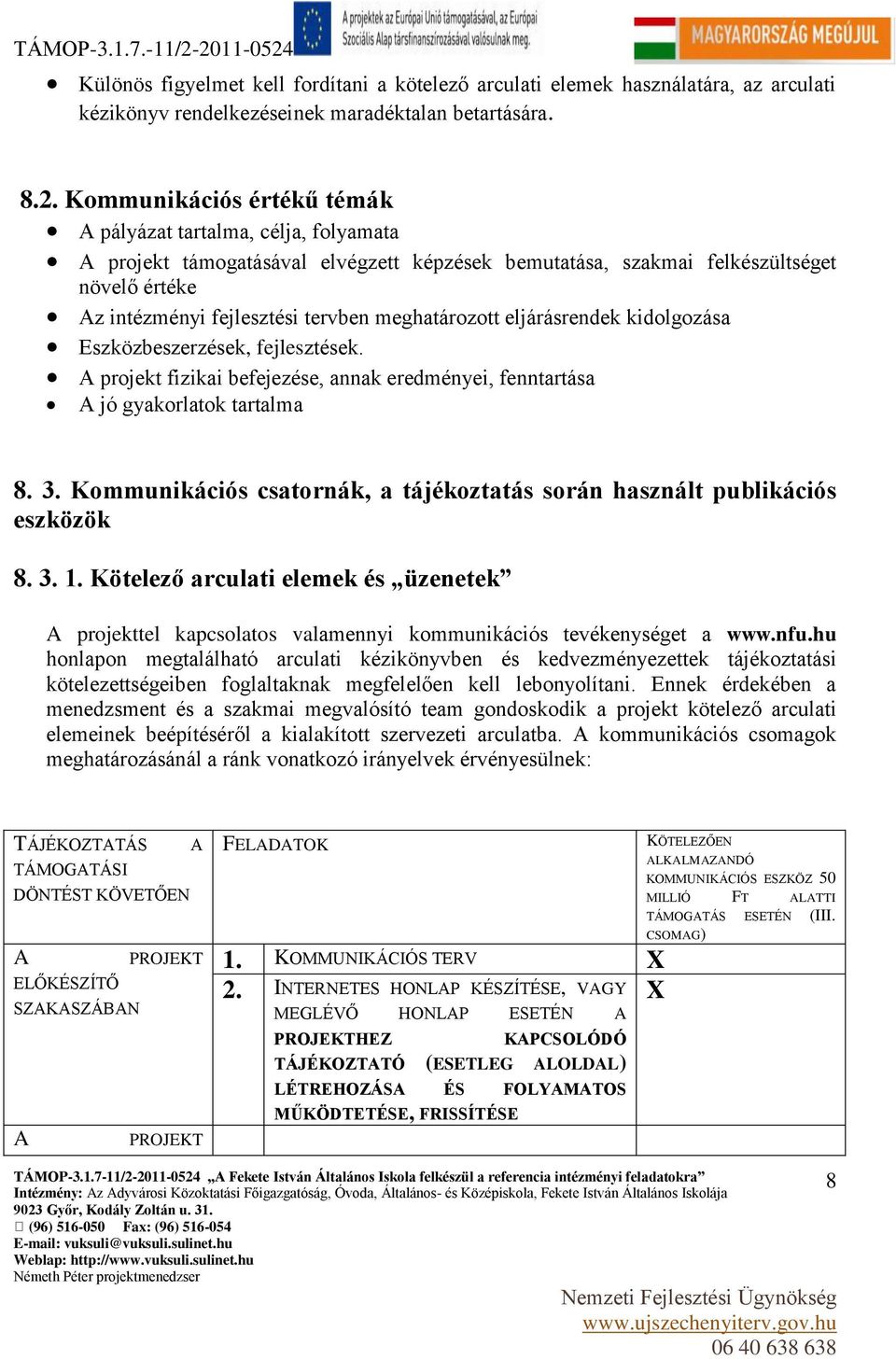 meghatározott eljárásrendek kidolgozása Eszközbeszerzések, fejlesztések. A projekt fizikai befejezése, annak eredményei, fenntartása A jó gyakorlatok tartalma 8. 3.