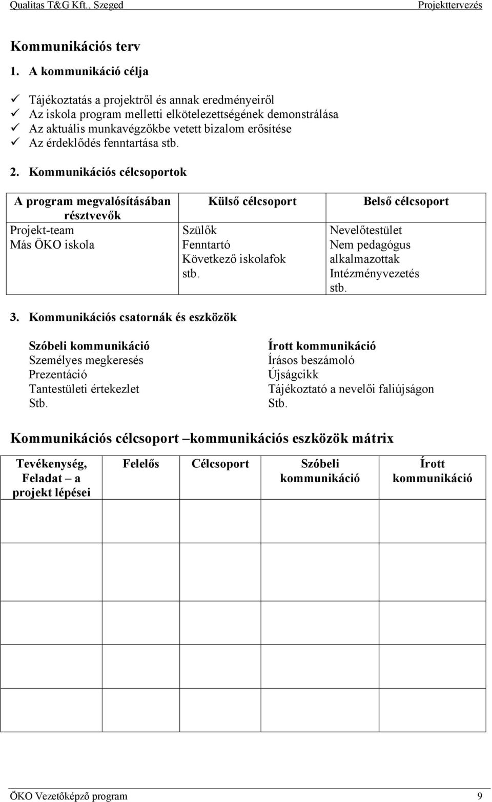 fenntartása stb. 2. Kommunikációs célcsoportok A program megvalósításában résztvevők Projekt-team Más ÖKO iskola Külső célcsoport Szülők Fenntartó Következő iskolafok stb.