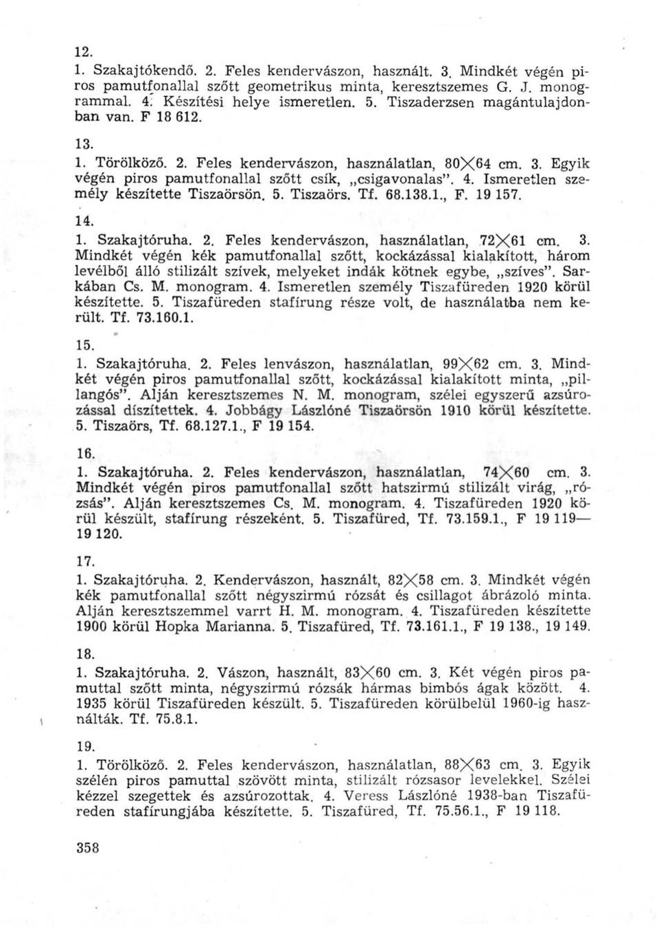 Ismeretlen személy készítette Tiszaörsön. 5. Tiszaörs. Tf. 68.138.1., F. 19 157. 1. Szakajtóruha. 2. Feles kendervászon, használatlan, 72X61 cm. 3.