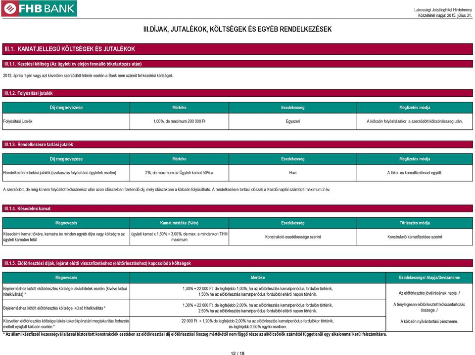 Folyósítási jutalék Díj megnevezése Megfizetés módja Folyósítási jutalék 1,00%, de maximum 200 000 Ft Egyszeri A kölcsön folyósításakor, a szerződött kölcsönösszeg után. III.1.3.