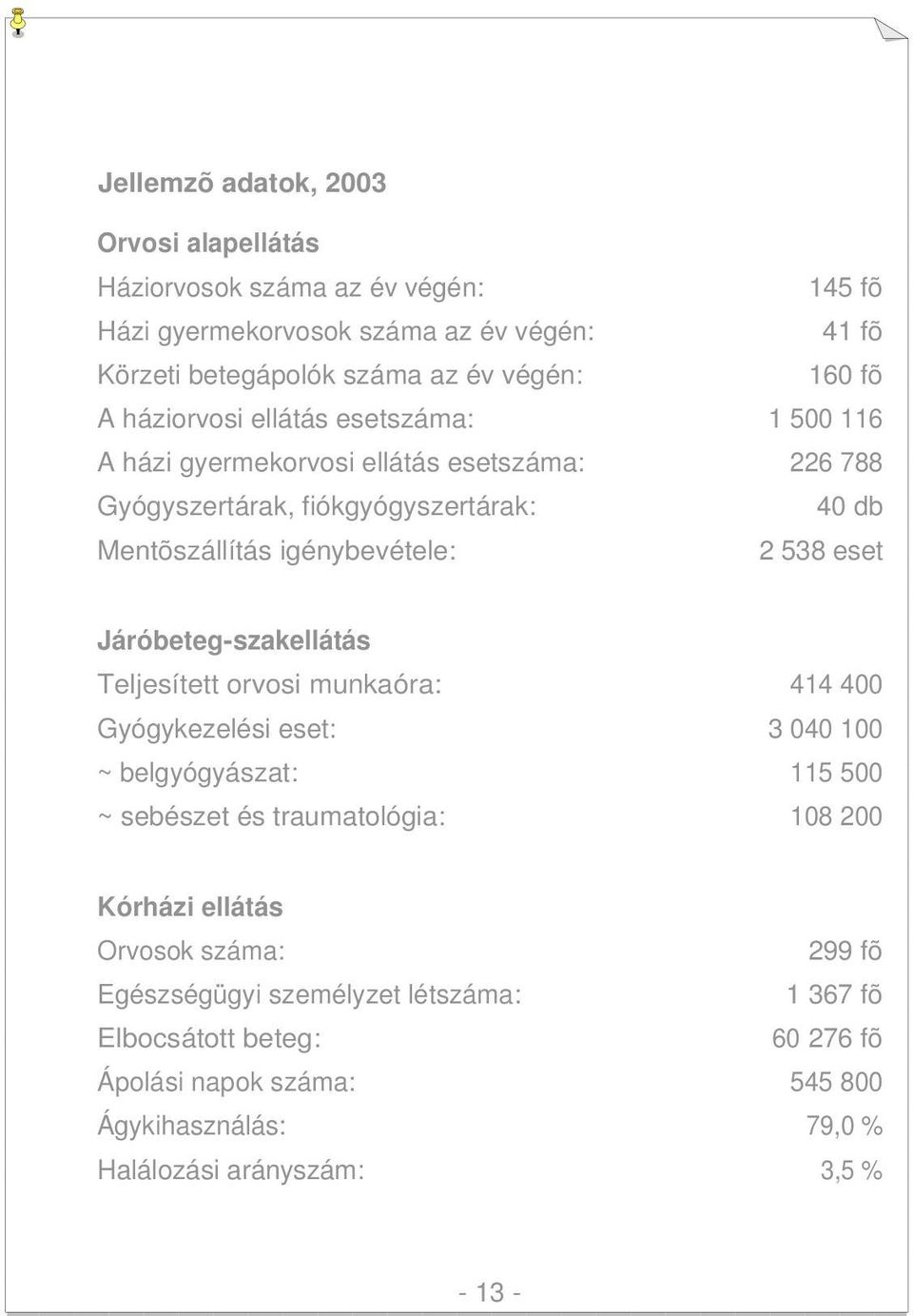 Járóbeteg-szakellátás Teljesített orvosi munkaóra: 414 400 Gyógykezelési eset: 3 040 100 ~ belgyógyászat: 115 500 ~ sebészet és traumatológia: 108 200 Kórházi ellátás