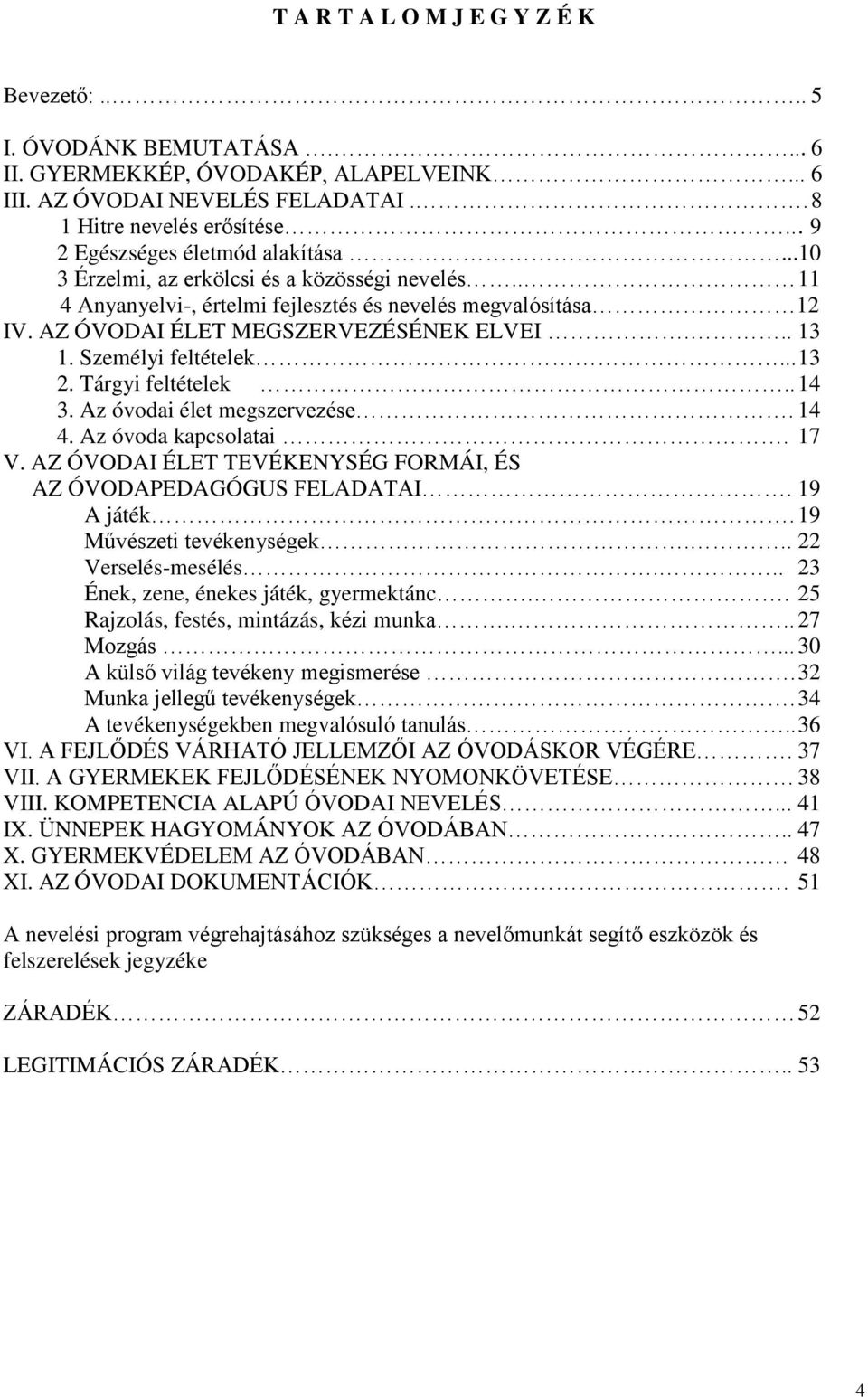 .. 13 1. Személyi feltételek... 13 2. Tárgyi feltételek.. 14 3. Az óvodai élet megszervezése. 14 4. Az óvoda kapcsolatai. 17 V. AZ ÓVODAI ÉLET TEVÉKENYSÉG FORMÁI, ÉS AZ ÓVODAPEDAGÓGUS FELADATAI.