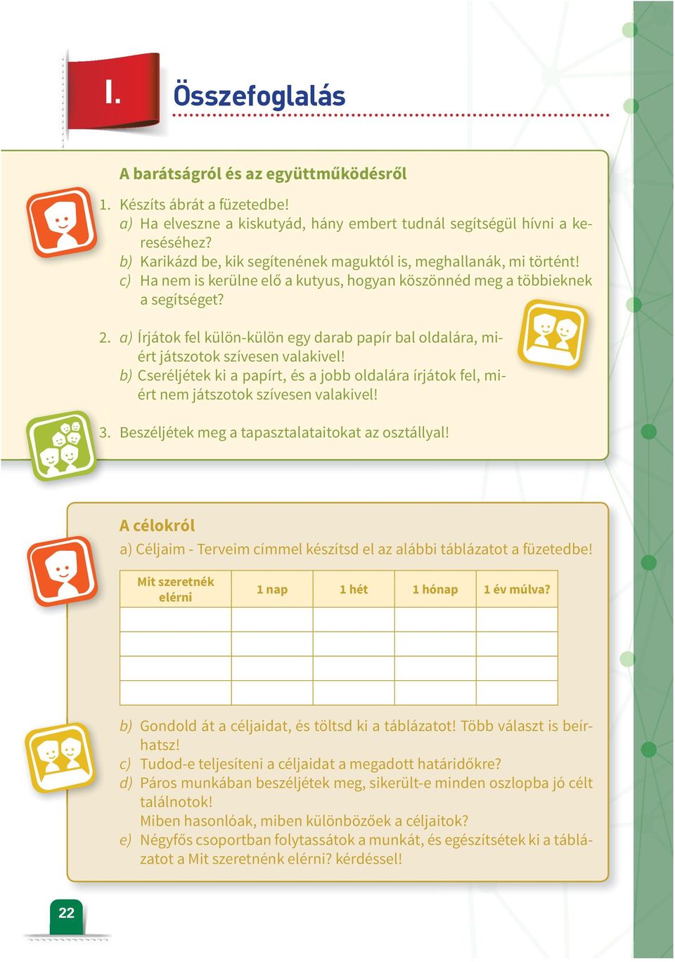 a) Írjátok fel külön-külön egy darab papír bal oldalára, miért játszotok szívesen valakivel! b) Cseréljétek ki a papírt, és a jobb oldalára írjátok fel, miért nem játszotok szívesen valakivel! 3.