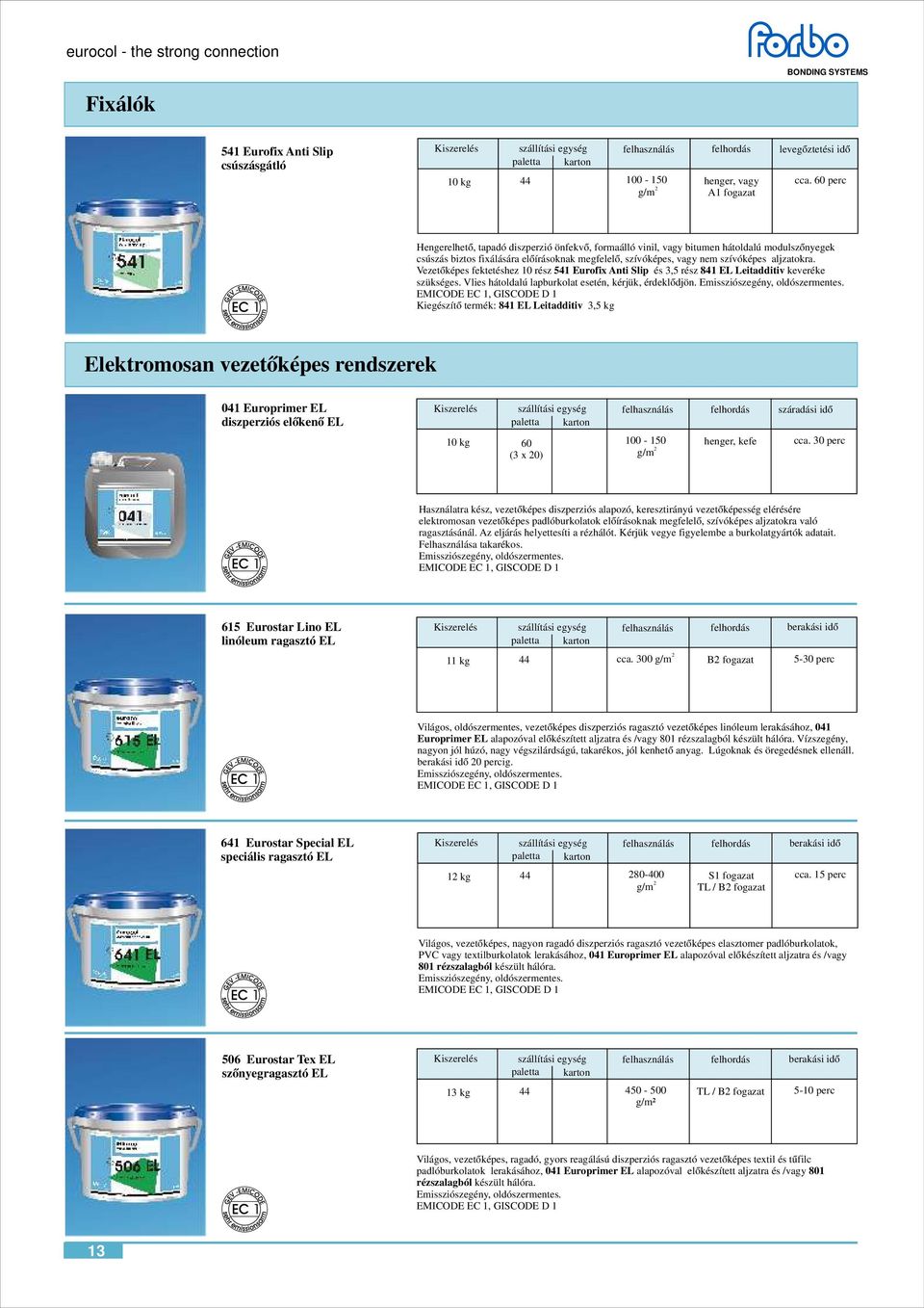 aljzatokra. Vezetőképes fektetéshez 10 rész 541 Eurofix Anti Slip és 3,5 rész 841 EL Leitadditiv keveréke szükséges. Vlies hátoldalú lapburkolat esetén, kérjük, érdeklődjön. Emissziószegény, oldószer.