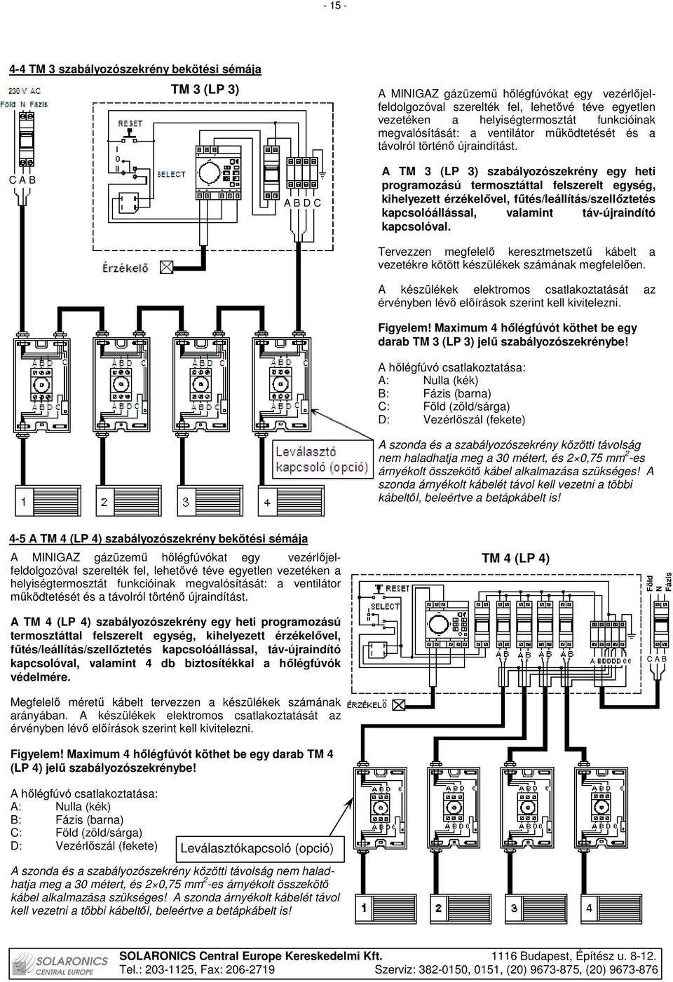 A TM 3 (LP 3) szabályozószekrény egy heti programozású termosztáttal felszerelt egység, kihelyezett érzékelıvel, főtés/leállítás/szellıztetés kapcsolóállással, valamint táv-újraindító kapcsolóval.