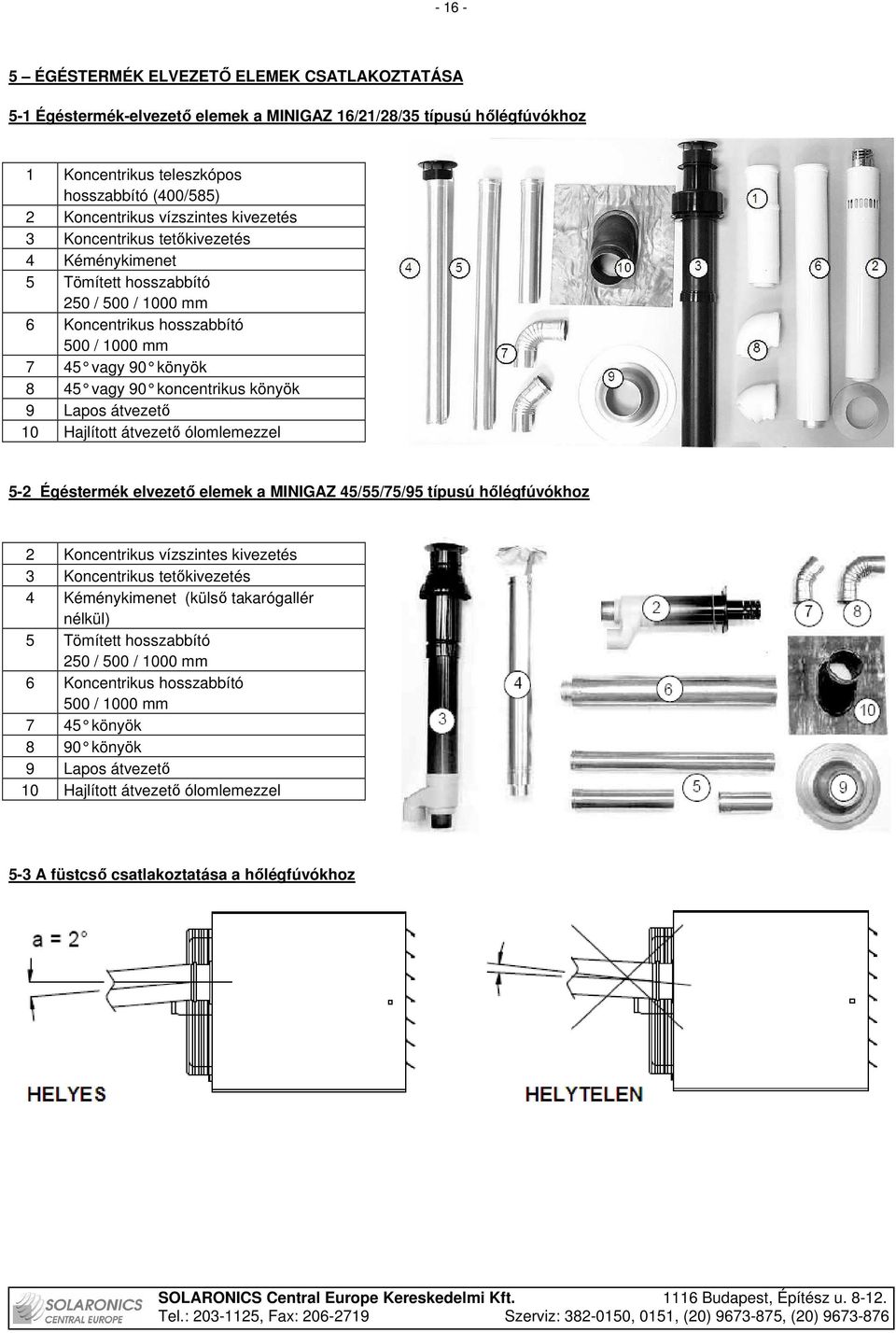 átvezetı 10 Hajlított átvezetı ólomlemezzel 5-2 Égéstermék elvezetı elemek a MINIGAZ 45/55/75/95 típusú hılégfúvókhoz 2 Koncentrikus vízszintes kivezetés 3 Koncentrikus tetıkivezetés 4 Kéménykimenet