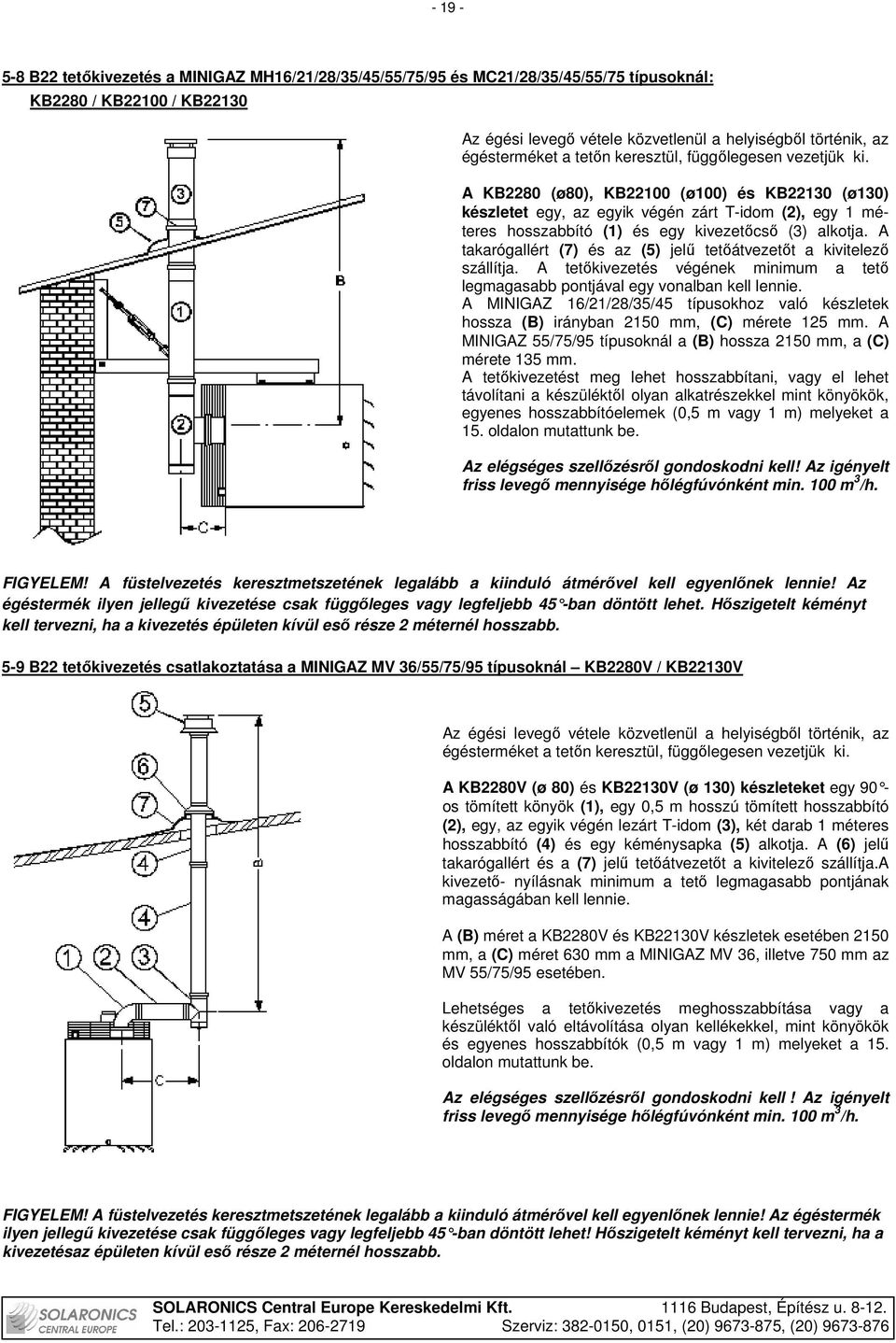 A KB2280 (ø80), KB22100 (ø100) és KB22130 (ø130) készletet egy, az egyik végén zárt T-idom (2), egy 1 méteres hosszabbító (1) és egy kivezetıcsı (3) alkotja.