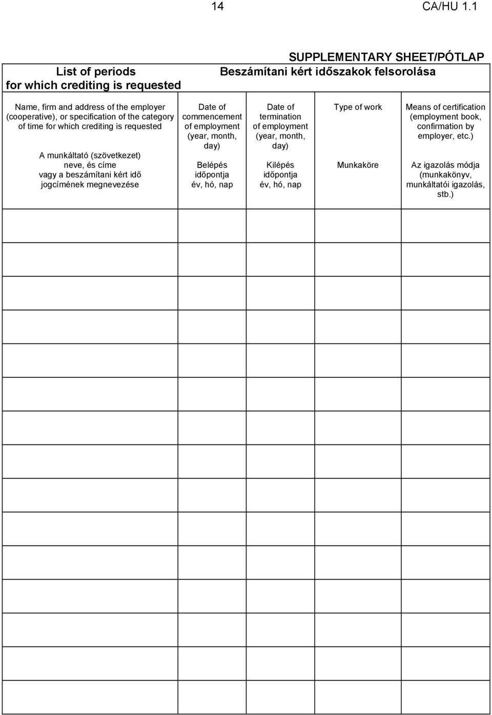 (cooperative), or specification of the category of time for which crediting is requested A munkáltató (szövetkezet) neve, és címe vagy a beszámítani kért idő