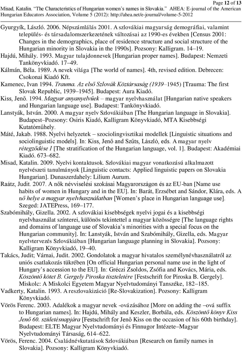 structure of the Hungarian minority in Slovakia in the 1990s]. Pozsony: Kalligram. 14 19. Hajdú, Mihály. 1993. Magyar tulajdonnevek [Hungarian proper names]. Budapest: Nemzeti Tankönyvkiadó. 17 49.