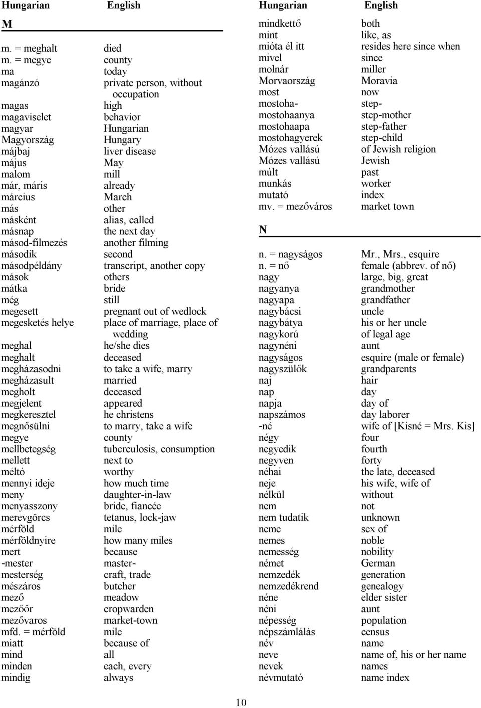 Hungarian mostohaapa step-father Magyország Hungary mostohagyerek step-child májbaj liver disease Mózes vallású of Jewish religion május May Mózes vallású Jewish malom mill múlt past már, máris