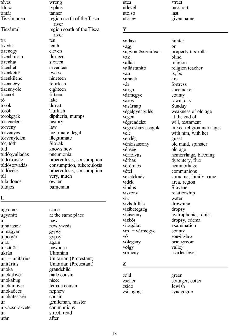 = unitárius unitárius unoka unokafivér unokahug unokan ver unokaöccs unokatestvér úr úrvacsora-vétel út után wrong typhus tanner region north of the Tisza river region south of the Tisza river ten