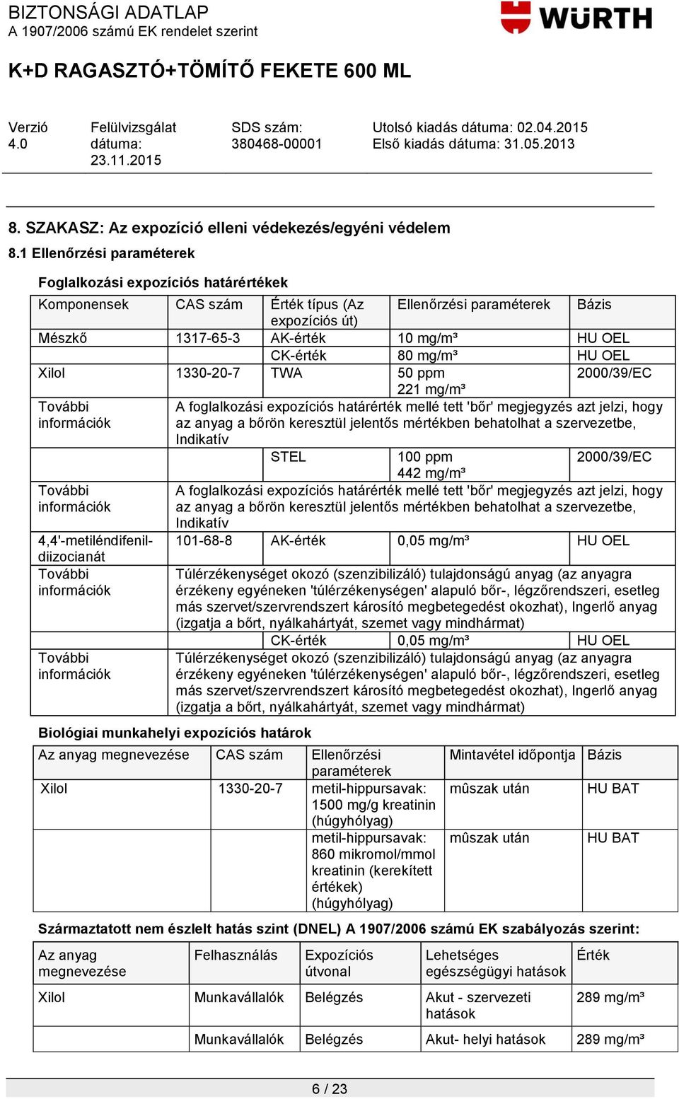 mg/m³ HU OEL Xilol 1330-20-7 TWA 50 ppm 2000/39/EC 221 mg/m³ További információk A foglalkozási expozíciós határérték mellé tett 'bőr' megjegyzés azt jelzi, hogy az anyag a bőrön keresztül jelentős