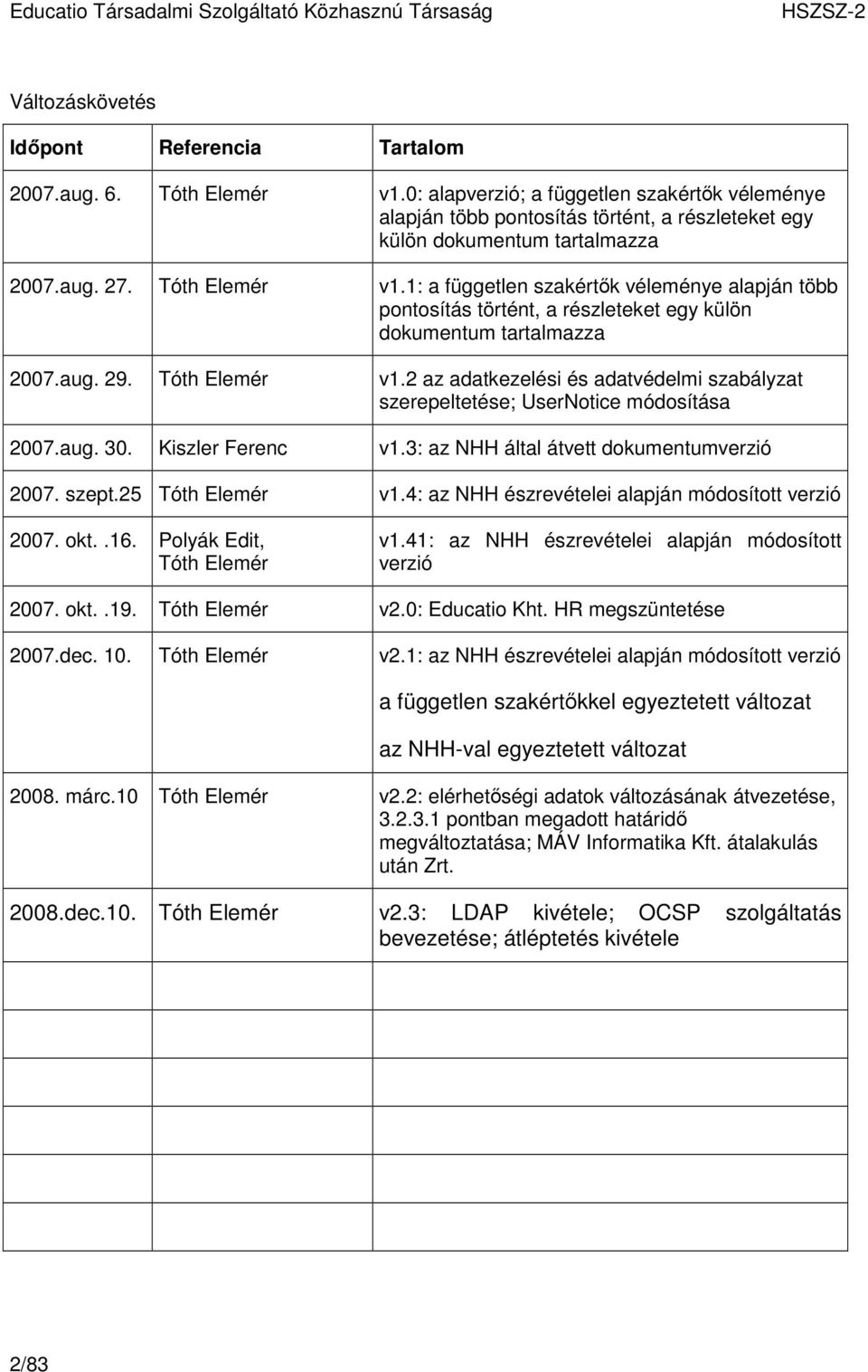 1: a független szakértık véleménye alapján több pontosítás történt, a részleteket egy külön dokumentum tartalmazza 2007.aug. 29. Tóth Elemér v1.