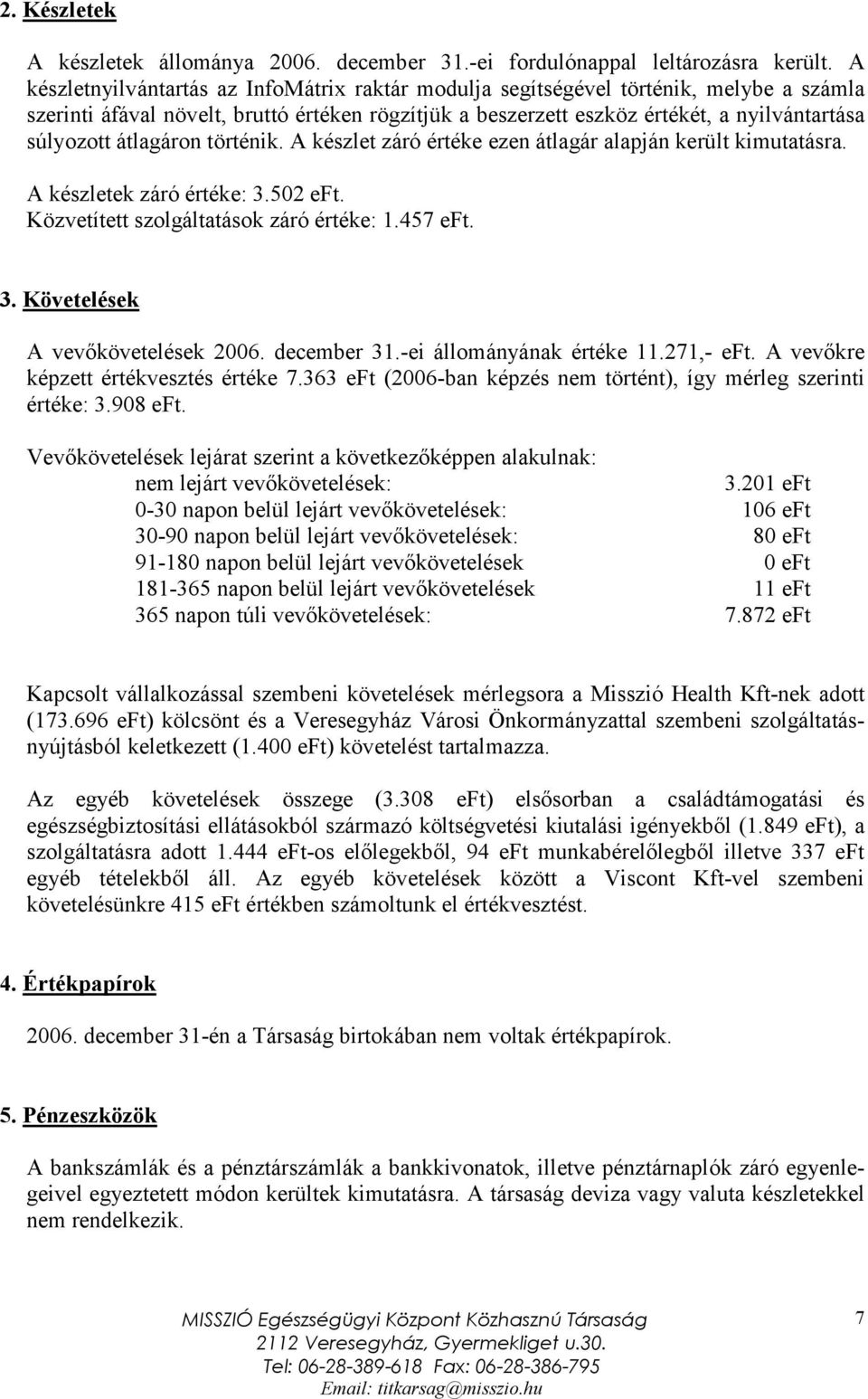 átlagáron történik. A készlet záró értéke ezen átlagár alapján került kimutatásra. A készletek záró értéke: 3.502 eft. Közvetített szolgáltatások záró értéke: 1.457 eft. 3. Követelések A vevőkövetelések 2006.