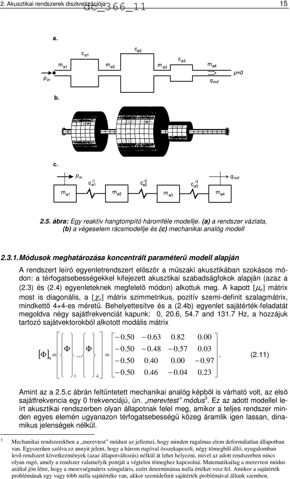 .5. ábra: Egy reaktív hangtompító háromféle modellje. (a) a rendszer vázlata, (b) a végeselem rácsmodellje és (c) mechanikai analóg modell.3.1.