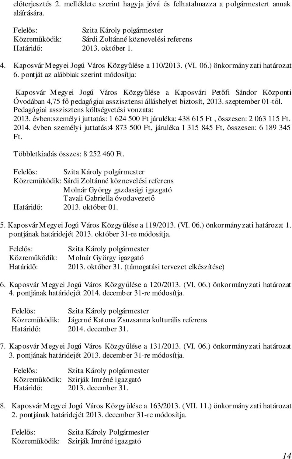 pontját az alábbiak szerint módosítja: Kaposvár Megyei Jogú Város Közgyűlése a Kaposvári Petőfi Sándor Központi Óvodában 4,75 fő pedagógiai asszisztensi álláshelyet biztosít, 2013. szeptember 01-től.