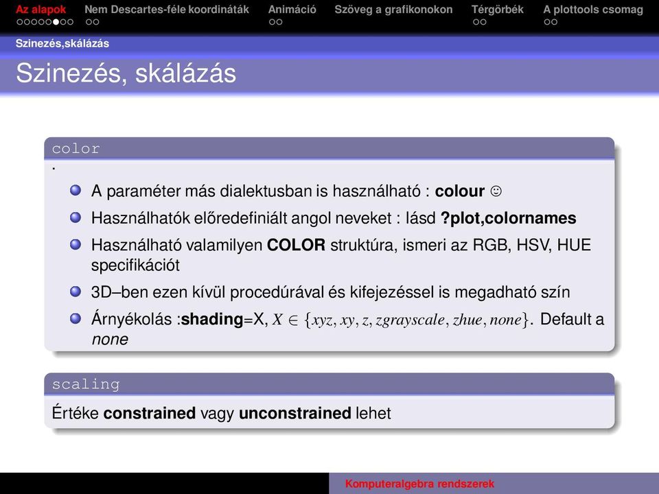 lásd?plot,colornames Használható valamilyen COLOR struktúra, ismeri az RGB, HSV, HUE specifikációt 3D ben