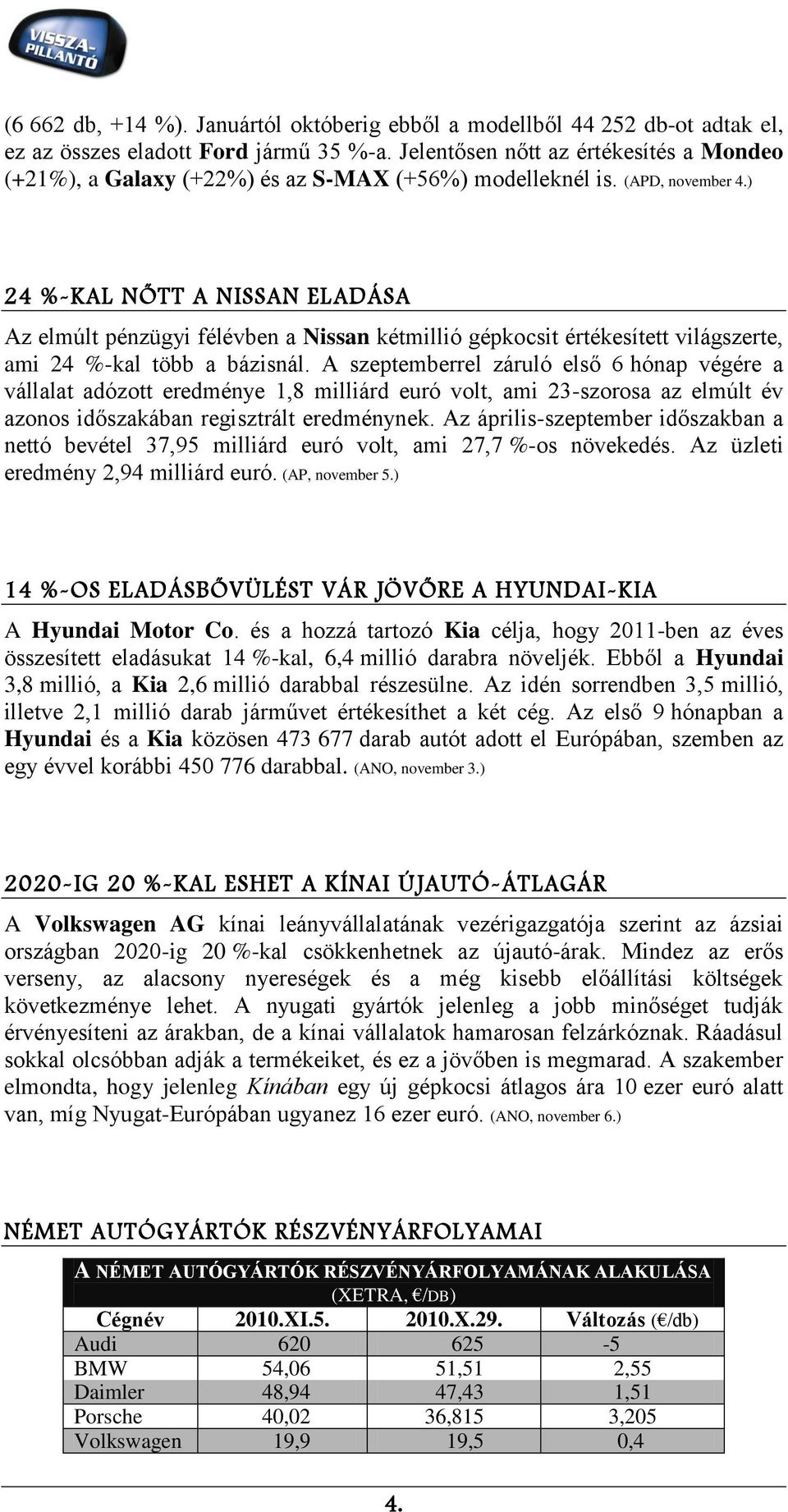 ) 24 %-KAL NŐTT A NISSAN ELADÁSA Az elmúlt pénzügyi félévben a Nissan kétmillió gépkocsit értékesített világszerte, ami 24 %-kal több a bázisnál.