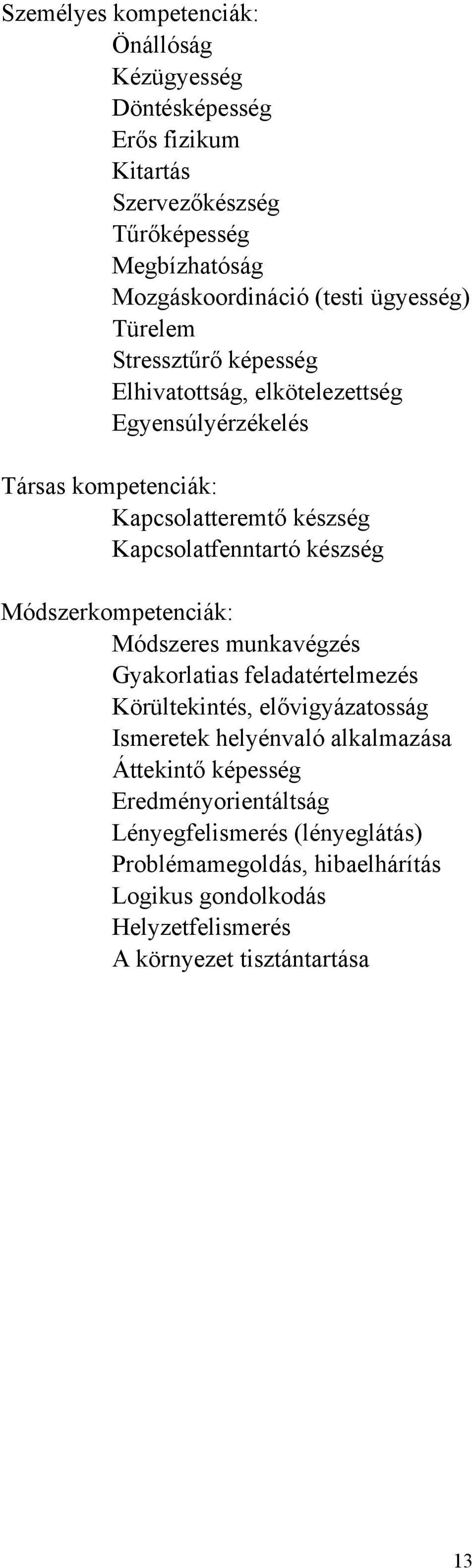 készség Módszerkompetenciák: Módszeres munkavégzés Gyakorlatias feladatértelmezés Körültekintés, elővigyázatosság Ismeretek helyénvaló alkalmazása