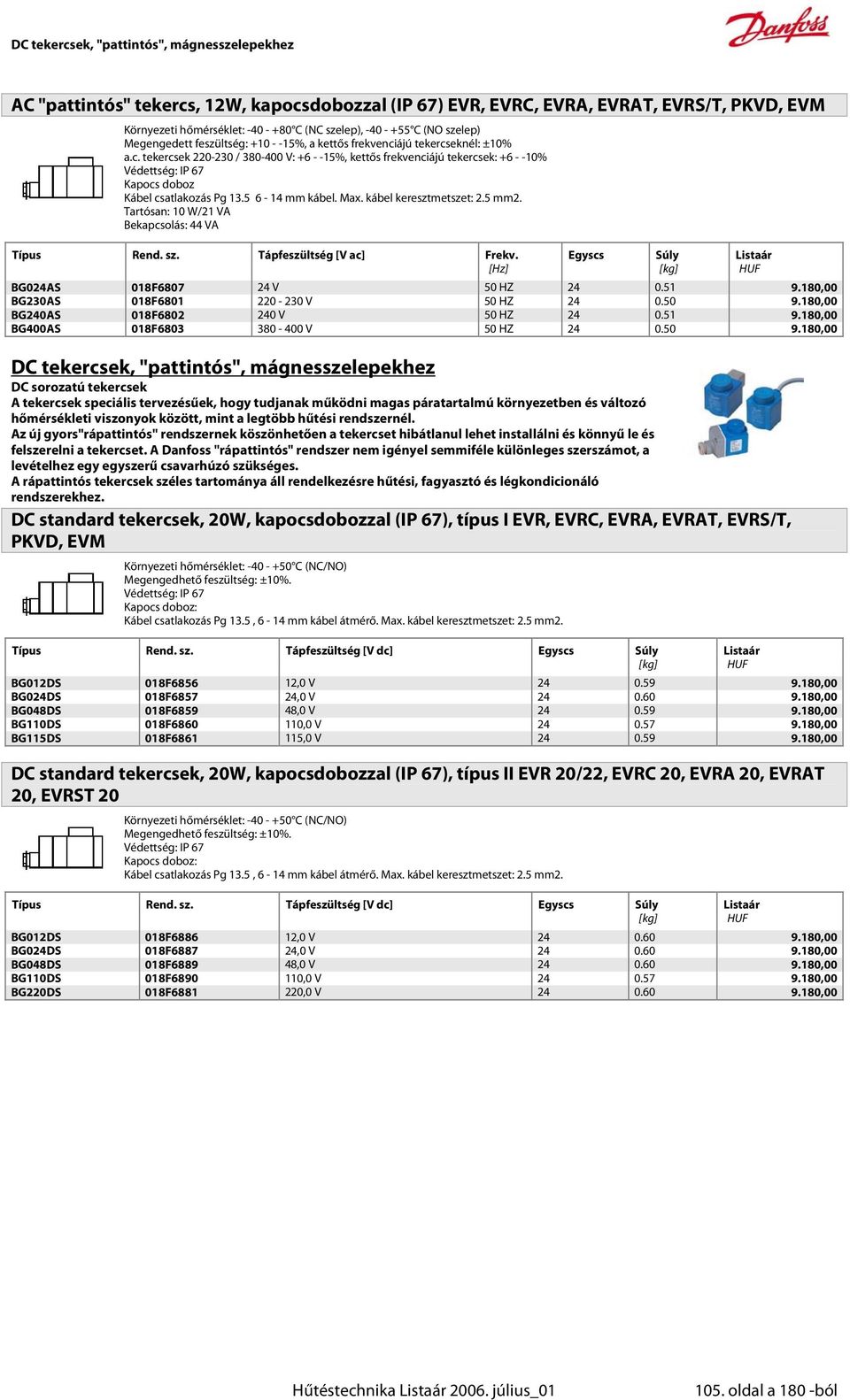 ájú tekercseknél: ±10% a.c. tekercsek 220-230 / 380-400 V: +6 - -15%, kettős frekvenciájú tekercsek: +6 - -10% Védettség: IP 67 Kapocs doboz Kábel csatlakozás Pg 13.5 6-14 mm kábel. Max.