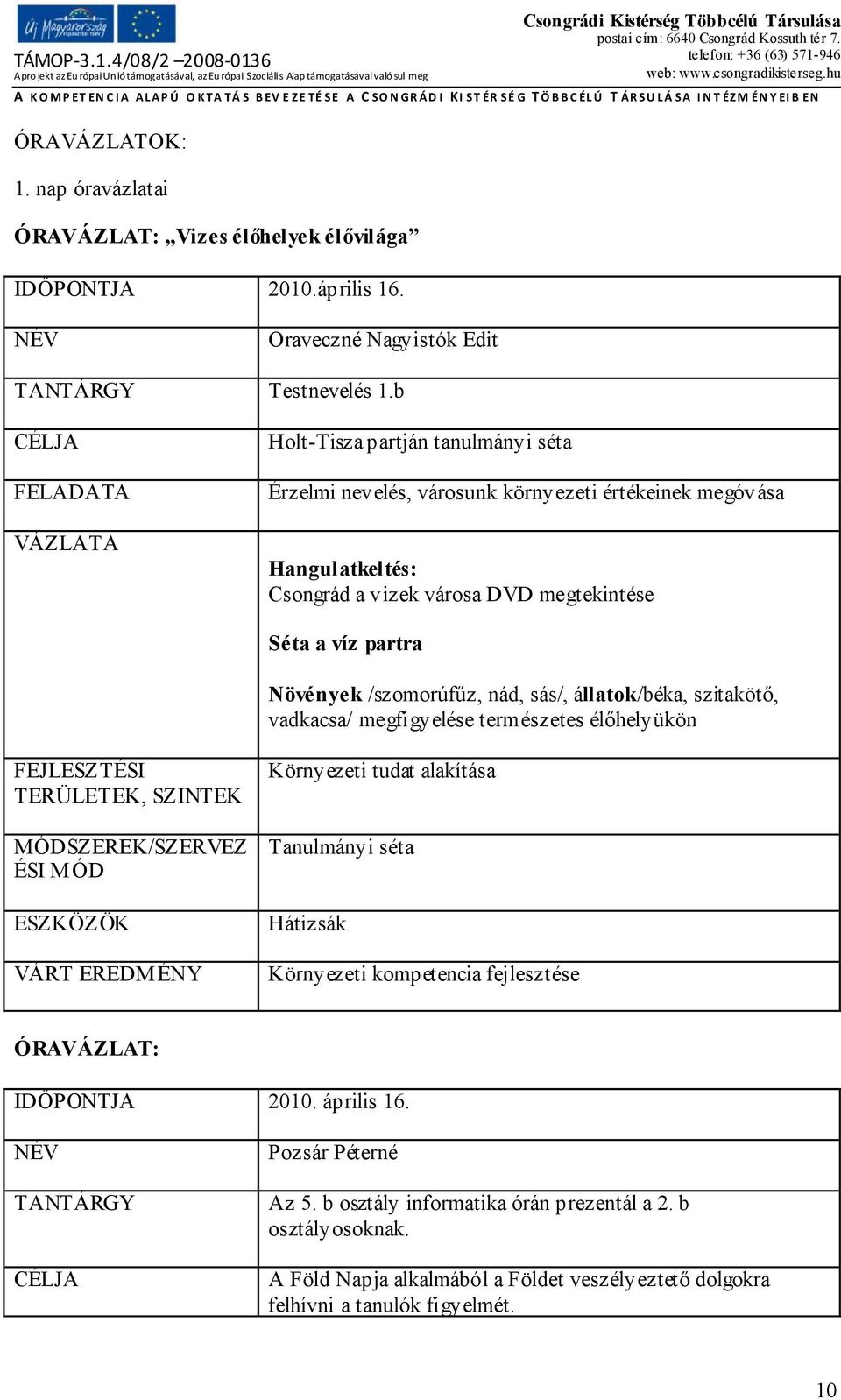 Növények /szomorúfűz, nád, sás/, állatok/béka, szitakötő, vadkacsa/ megfigyelése természetes élőhelyükön FEJLESZTÉSI TERÜLETEK, SZINTEK MÓDSZEREK/SZERVEZ ÉSI MÓD ESZKÖZÖK VÁRT EREDMÉNY Környezeti