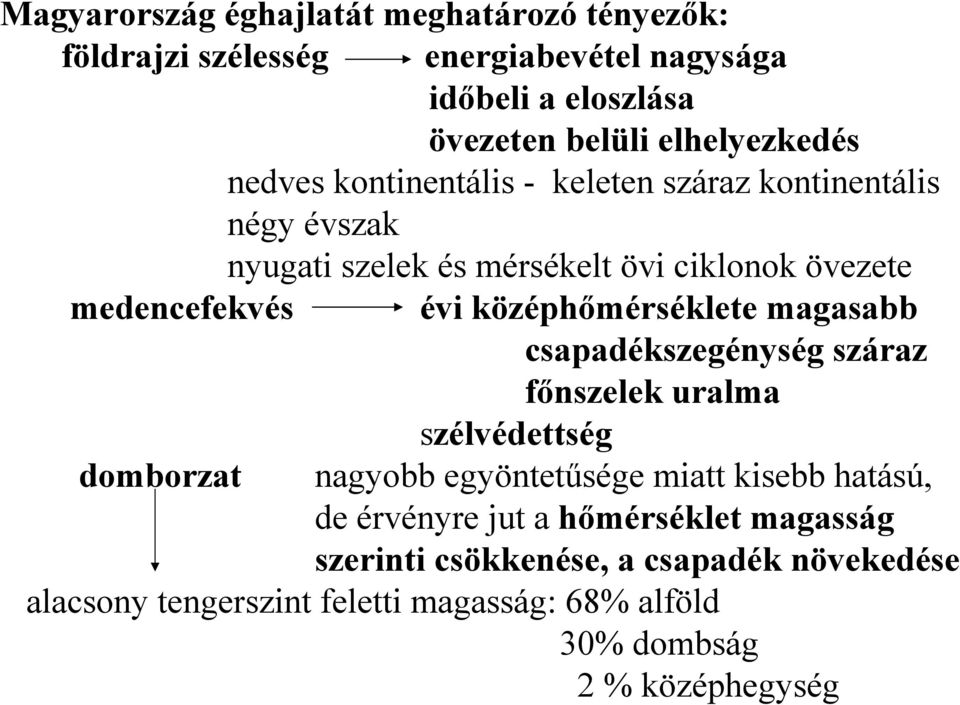 középhőmérséklete magasabb csapadékszegénység száraz főnszelek uralma szélvédettség domborzat nagyobb egyöntetűsége miatt kisebb hatású, de