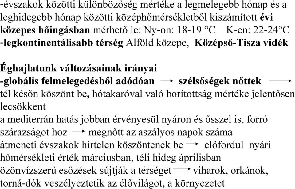 való borítottság mértéke jelentősen lecsökkent a mediterrán hatás jobban érvényesül nyáron és ősszel is, forró szárazságot hoz megnőtt az aszályos napok száma átmeneti évszakok hirtelen