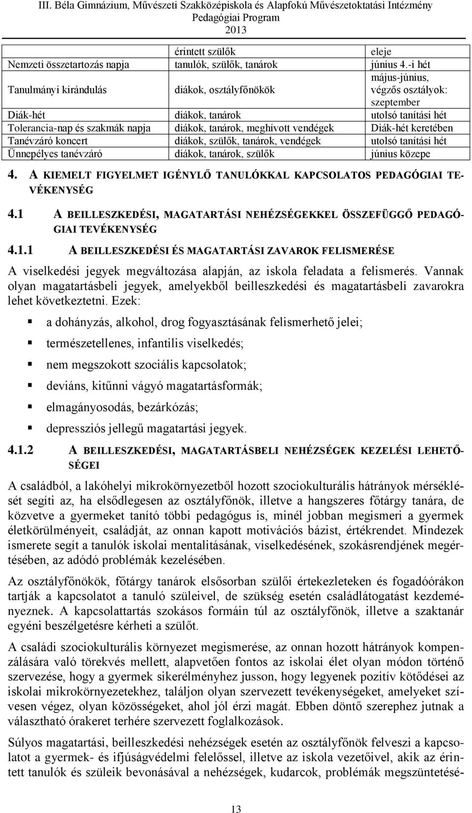 vendégek Diák-hét keretében Tanévzáró koncert diákok, szülők, tanárok, vendégek utolsó tanítási hét Ünnepélyes tanévzáró diákok, tanárok, szülők június közepe 4.