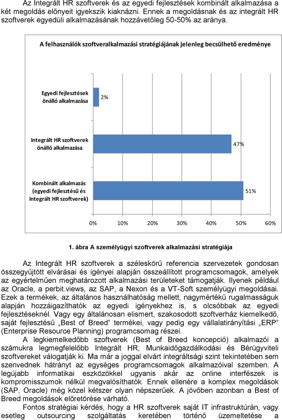 A felhasználók szoftveralkalmazási stratégiájának jelenleg becsülhető eredménye Egyedi fejlesztések önálló alkalmazása 2% Integrált HR szoftverek önálló alkalmazása 47% Kombinált alkalmazás (egyedi