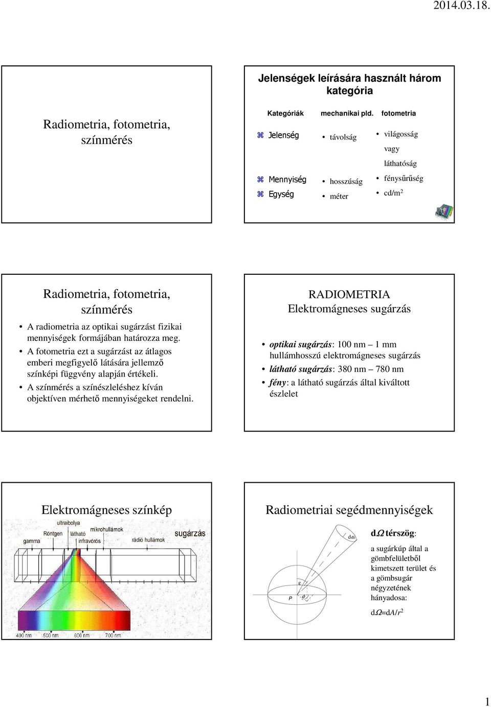 formájában határozza meg. A fotometria ezt a sugárzást az átlagos emberi megfigyelő látására jellemző színképi függvény alapján értékeli.