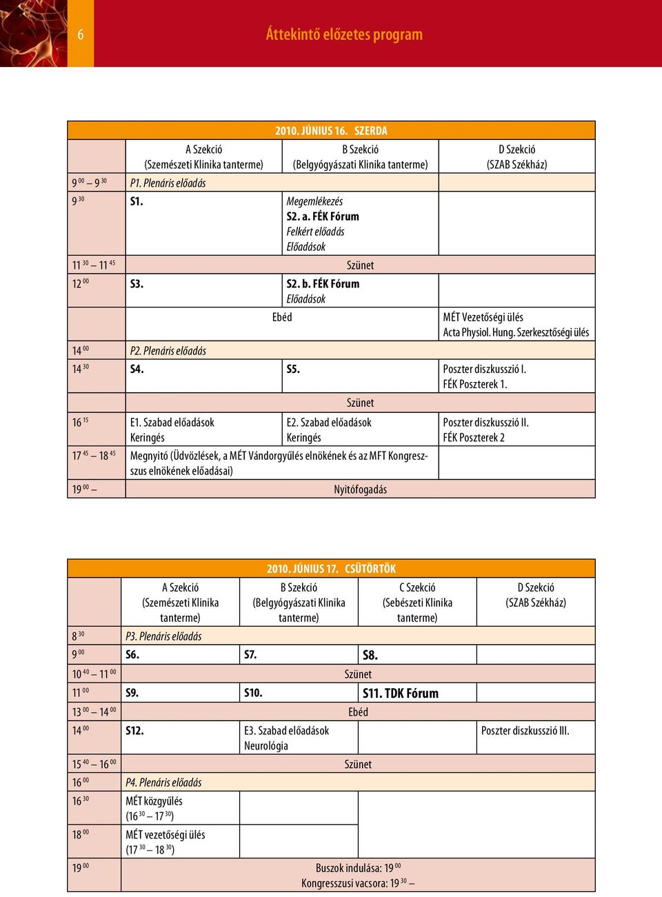 Plenáris előadás 14 30 S4. S5. Poszter diszkusszió I. FÉK Poszterek 1. Szünet 16 15 E1. Szabad előadások Keringés E2.