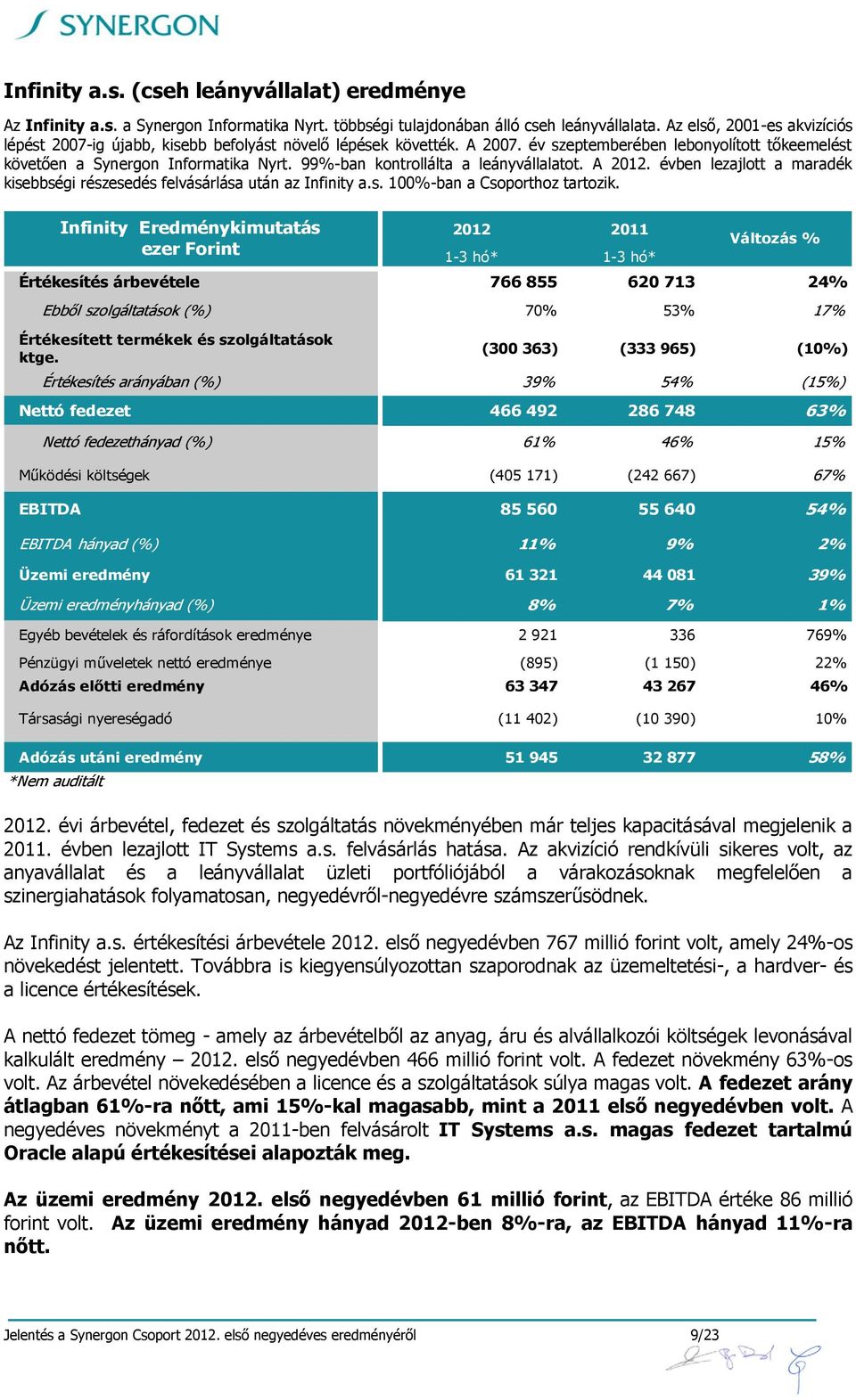 99%-ban kontrollálta a leányvállalatot. A 2012. évben lezajlott a maradék kisebbségi részesedés felvásárlása után az Infinity a.s. 100%-ban a Csoporthoz tartozik.