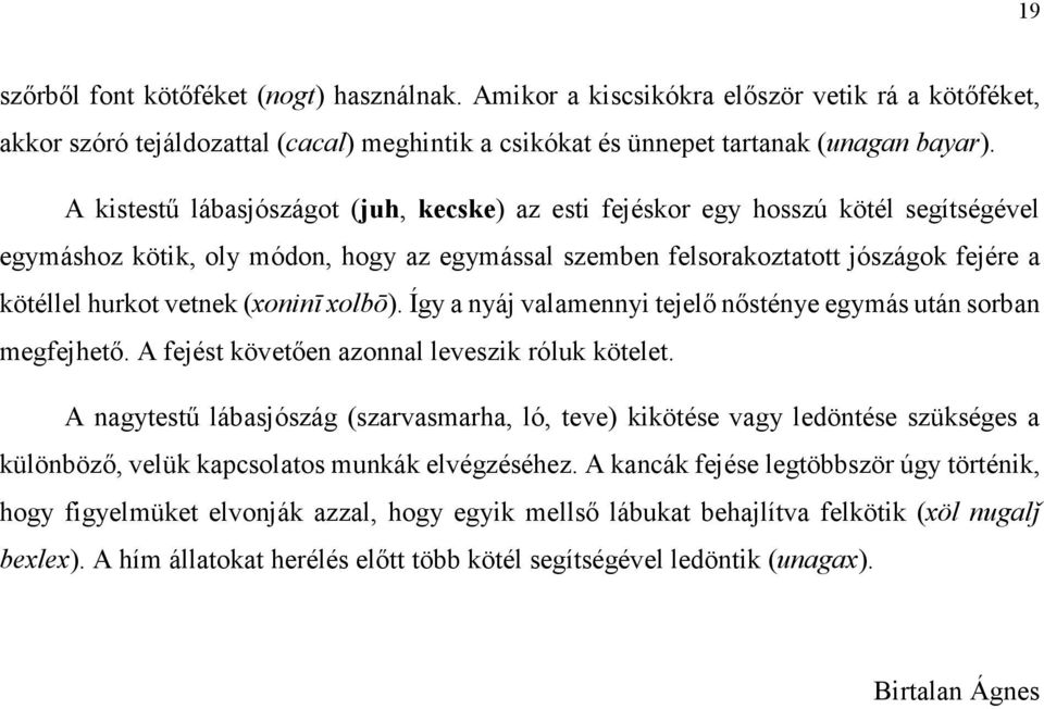 (xoninī xolbō). Így a nyáj valamennyi tejelő nősténye egymás után sorban megfejhető. A fejést követően azonnal leveszik róluk kötelet.