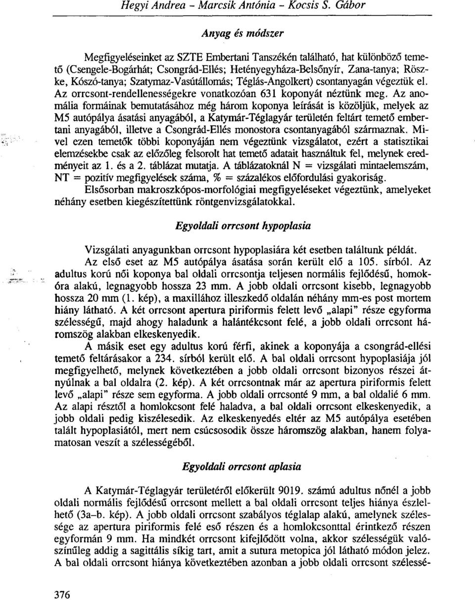 Szatymaz-Vasútállomás; Téglás-Angolkert) csontanyagán végeztük el. Az orrcsont-rendellenességekre vonatkozóan 631 koponyát néztünk meg.