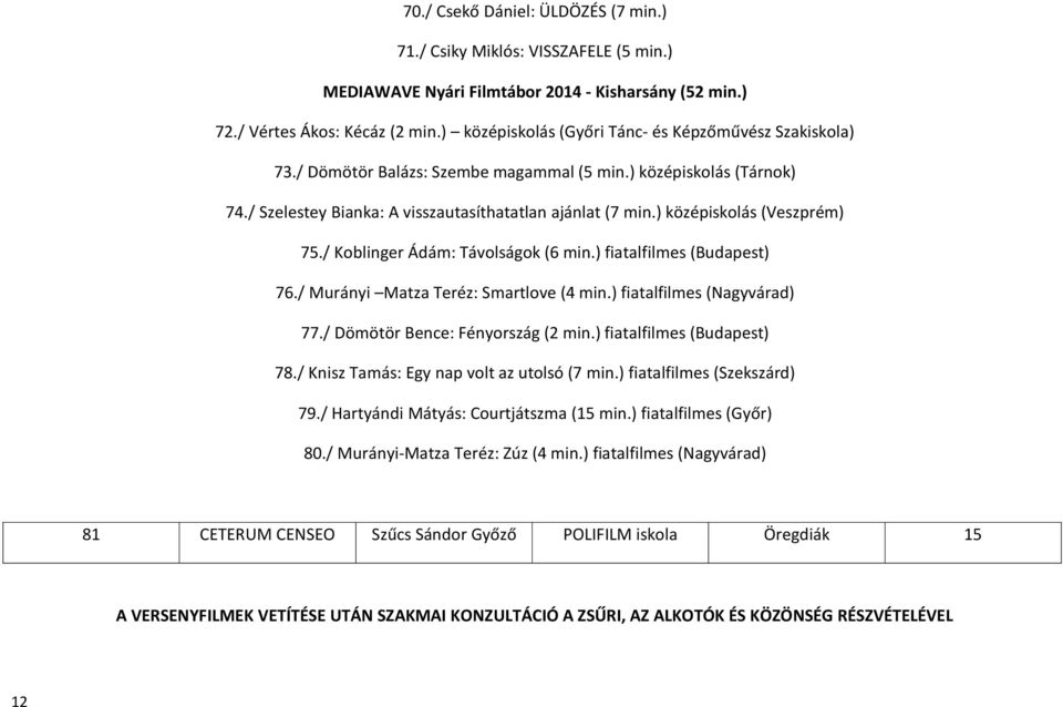 ) középiskolás (Veszprém) 75./ Koblinger Ádám: Távolságok (6 min.) fiatalfilmes (Budapest) 76./ Murányi Matza Teréz: Smartlove (4 min.) fiatalfilmes (Nagyvárad) 77./ Dömötör Bence: Fényország (2 min.