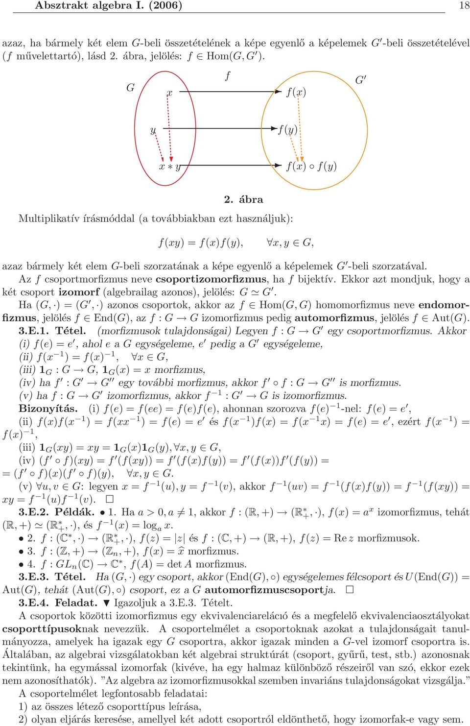 ábra Multiplikatív írásmóddal (a továbbiakban ezt használjuk): f(xy) = f(x)f(y), x, y G, azaz bármely két elem G-beli szorzatának a képe egyenlő a képelemek G -beli szorzatával.