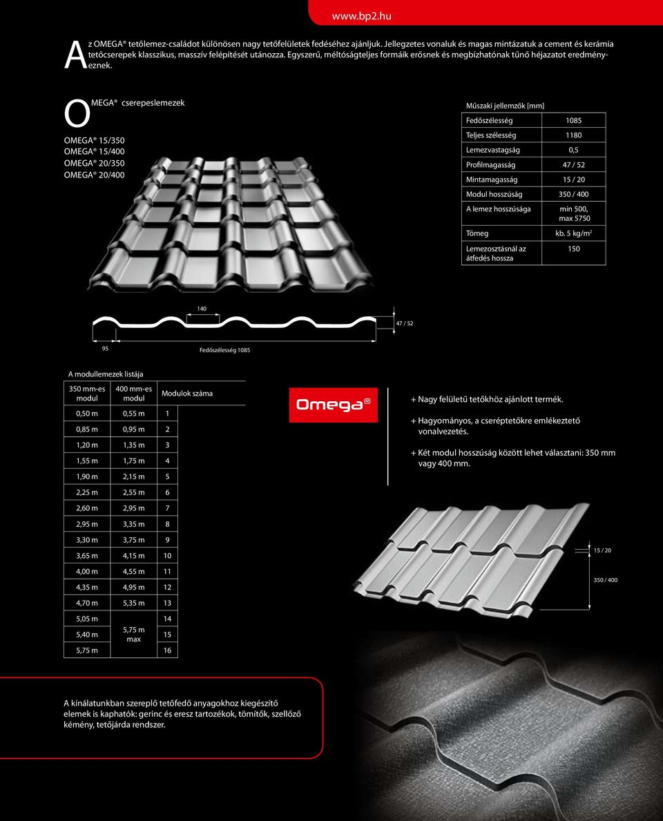 OMEGA cserepeslemezek OMEGA 15/350 OMEGA 15/400 OMEGA 20/350 OMEGA 20/400 Műszaki jellemzők [mm] Fedőszélesség 1085 Teljes szélesség 1180 Lemezvastagság 0,5 Profilmagasság 47 / 52 Mintamagasság 15 /