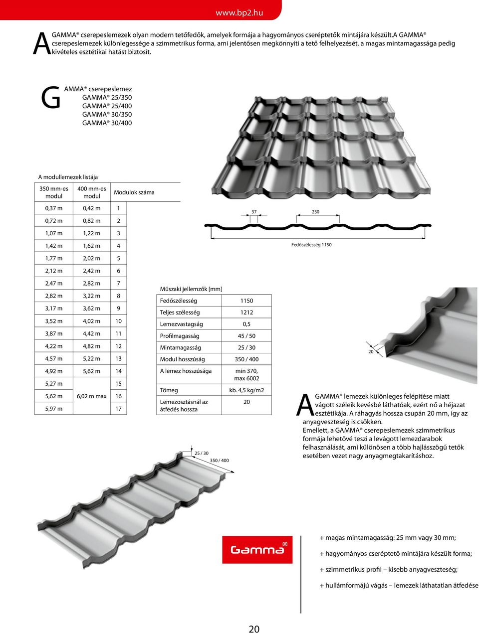 GAMMA cserepeslemez GAMMA 25/350 GAMMA 25/400 GAMMA 30/350 GAMMA 30/400 A modullemezek listája 350 mm-es modul 400 mm-es modul 0,37 m 0,42 m 1 0,72 m 0,82 m 2 Modulok száma 37 230 1,07 m 1,22 m 3