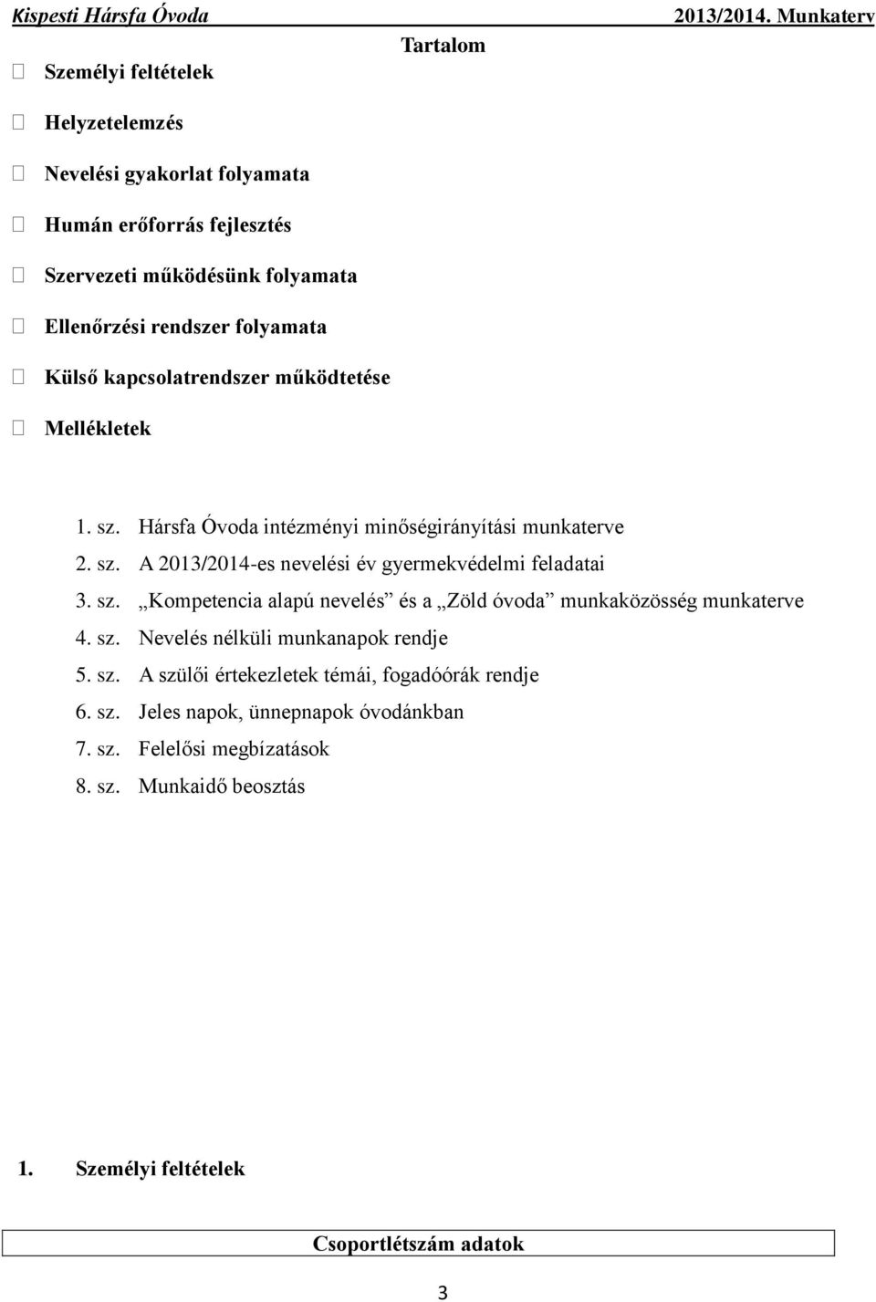 sz. Kompetencia alapú nevelés és a Zöld óvoda munkaközösség munkaterve 4. sz. Nevelés nélküli munkanapok rendje 5. sz. A szülői értekezletek témái, fogadóórák rendje 6.