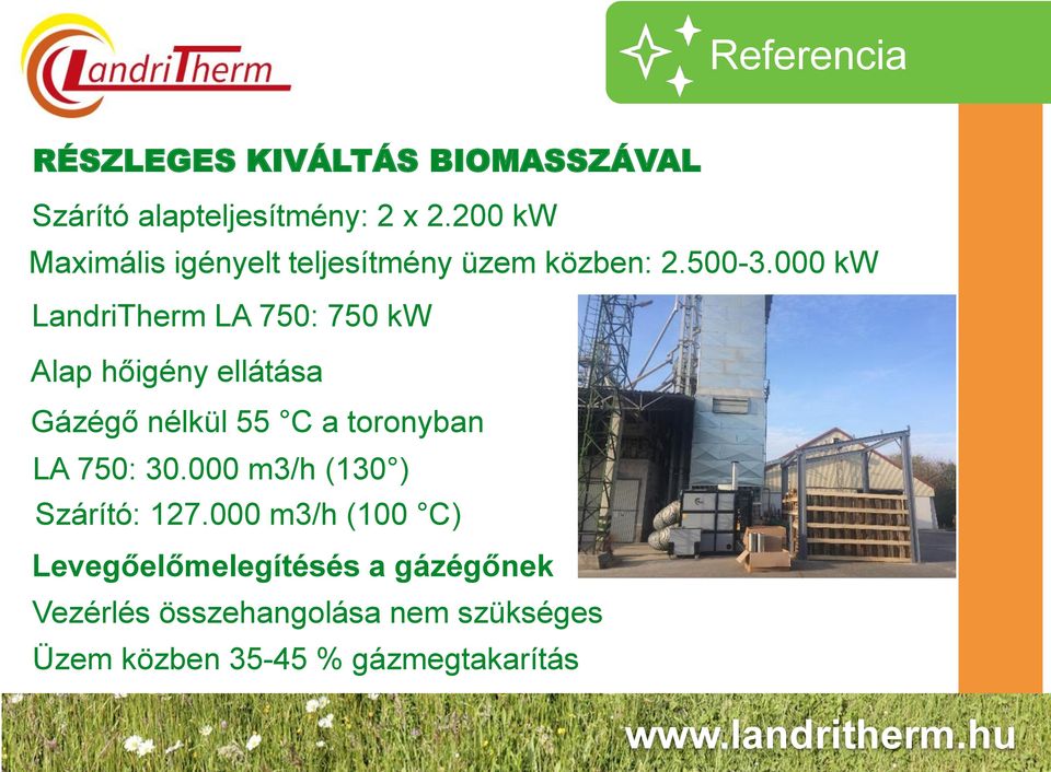 000 kw LandriTherm LA 750: 750 kw Alap hőigény ellátása Gázégő nélkül 55 C a toronyban LA 750: