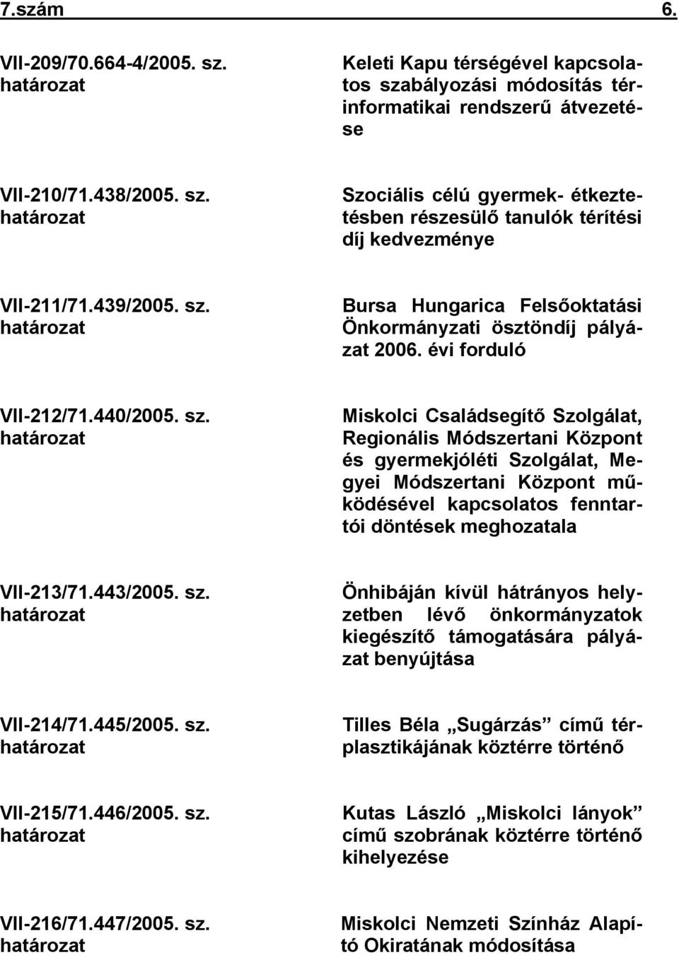 határozat Bursa Hungarica Felsőoktatási Önkormányzati ösztöndíj pályázat 2006. évi forduló VII-212/71.440/2005. sz.
