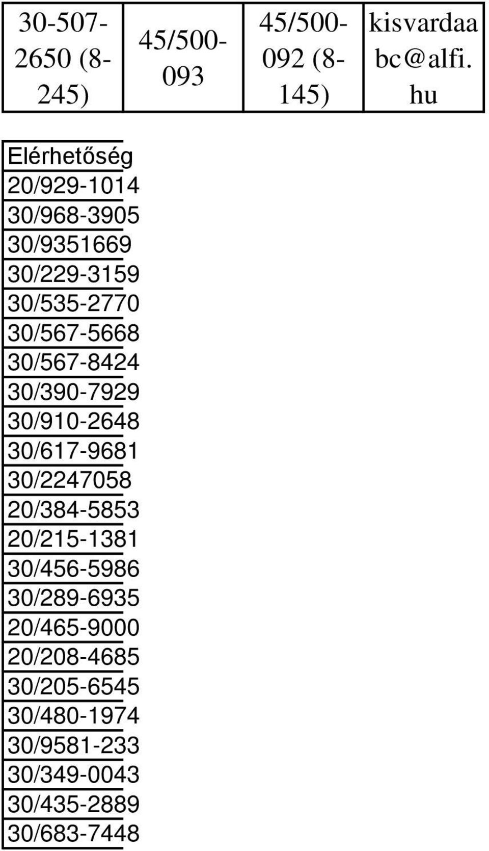 30/567-8424 30/390-7929 30/910-2648 30/617-9681 30/2247058 20/384-5853 20/215-1381