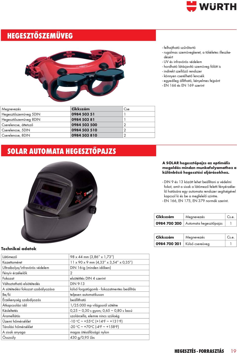 áttetsző 0984 503 500 2 Cserelencse, 5DIN 0984 503 510 2 Cserelencse, 8DIN 0984 503 810 2 SOLAR AUTOMATA HEGESZTŐPAJZS A SOLAR hegesztőpajzs az optimális megoldás minden munkafolyamathoz a különböző